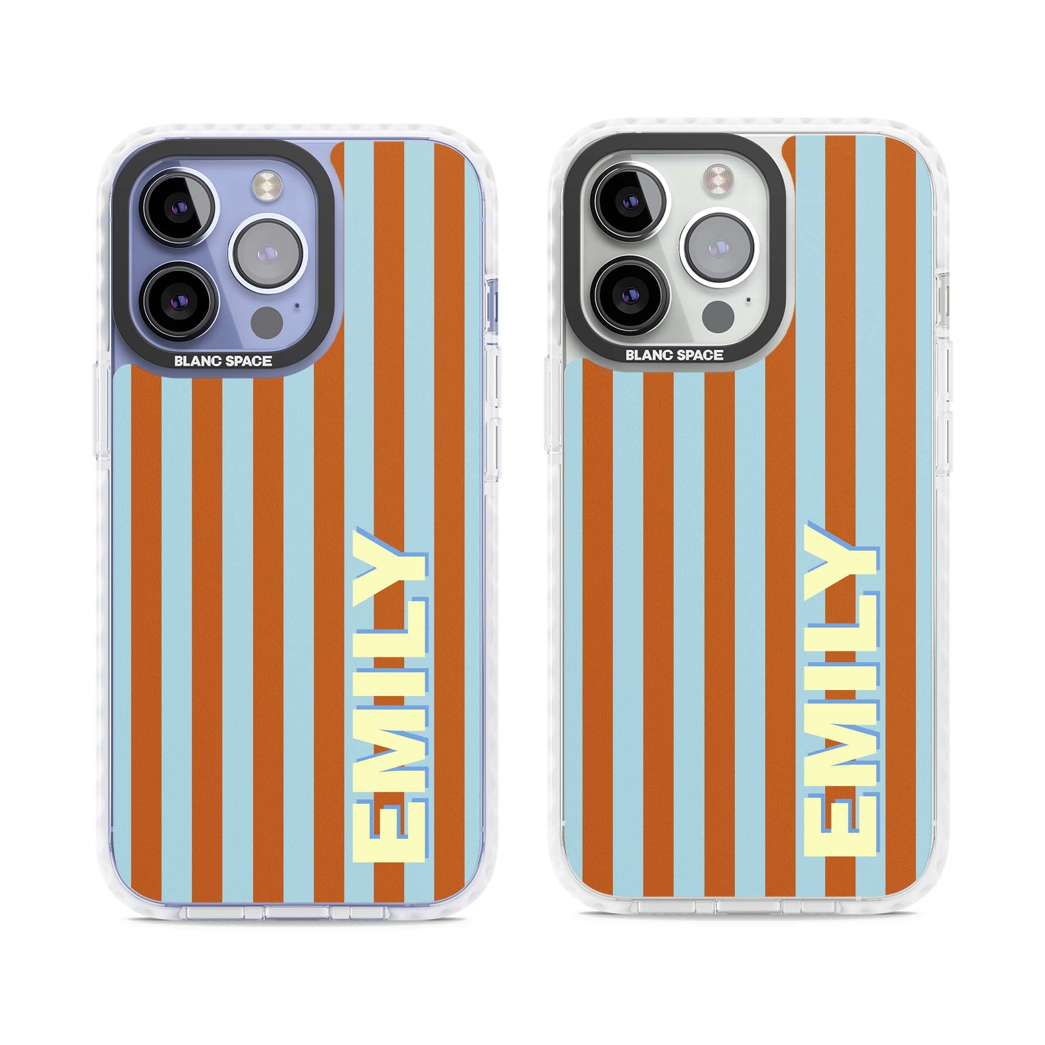 Cappadocia Stripe personalised coastal iPhone case featuring blue and orange vertical stripes with custom cream name | Clear Impact case for iPhone 13 Pro, iPhone 14 Pro, iPhone 15 Pro