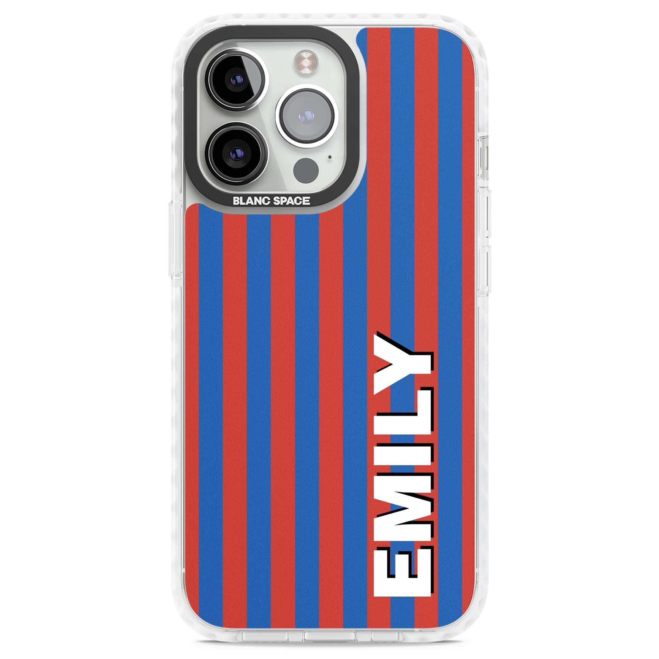 Cuban Stripe personalised iPhone case featuring red and blue vertical stripes with custom name in bold white letters | Clear Impact case for iPhone 13 Pro, iPhone 14 Pro, iPhone 15 Pro