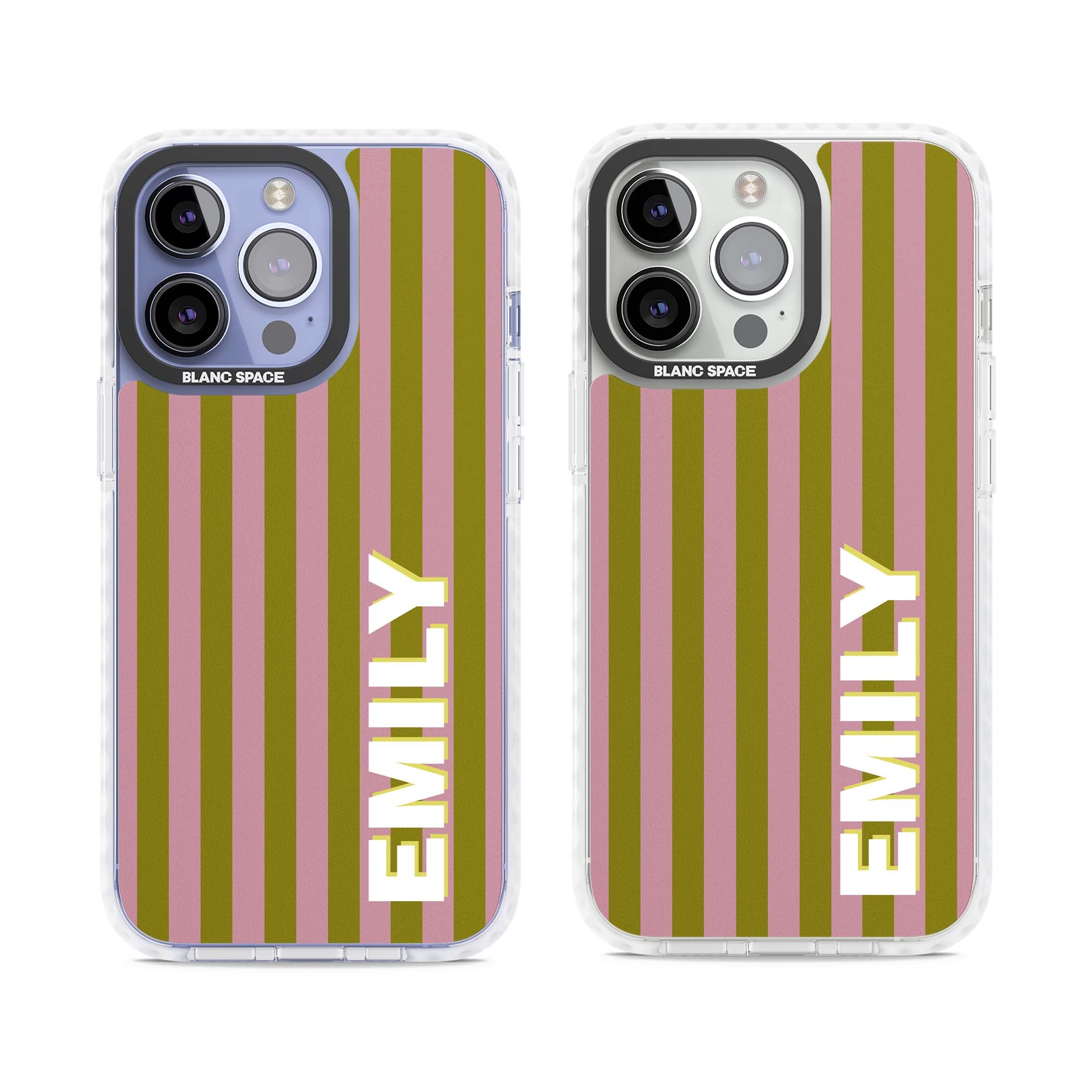 Istanbul Stripe personalised iPhone case featuring pink and olive green vertical stripes with a custom vertical name | Clear Impact case for iPhone 13 Pro, iPhone 14 Pro, iPhone 15 Pro