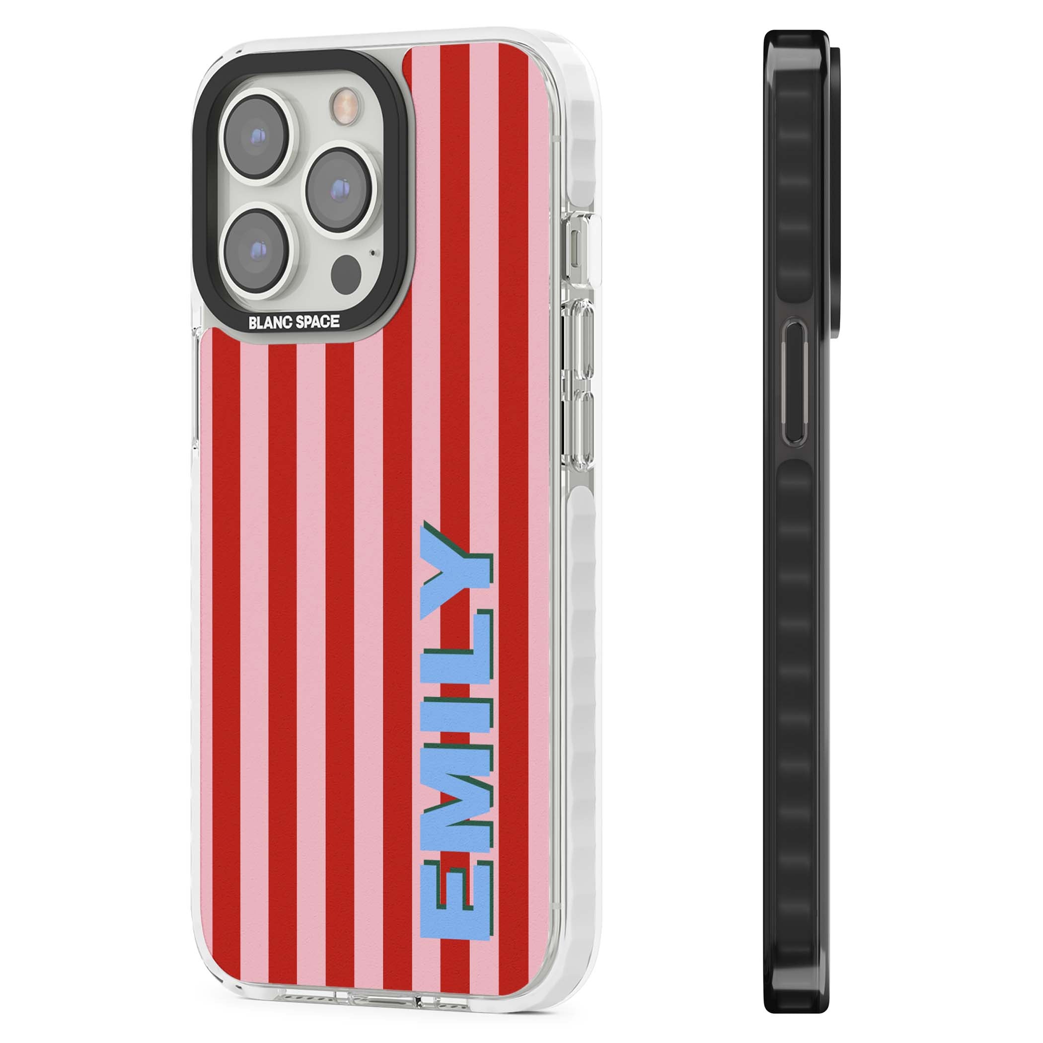 Market Stripe personalised iPhone case with red and pink vertical stripes and custom blue name | Clear Impact case for iPhone 13 Pro, iPhone 14 Pro, iPhone 15 Pro