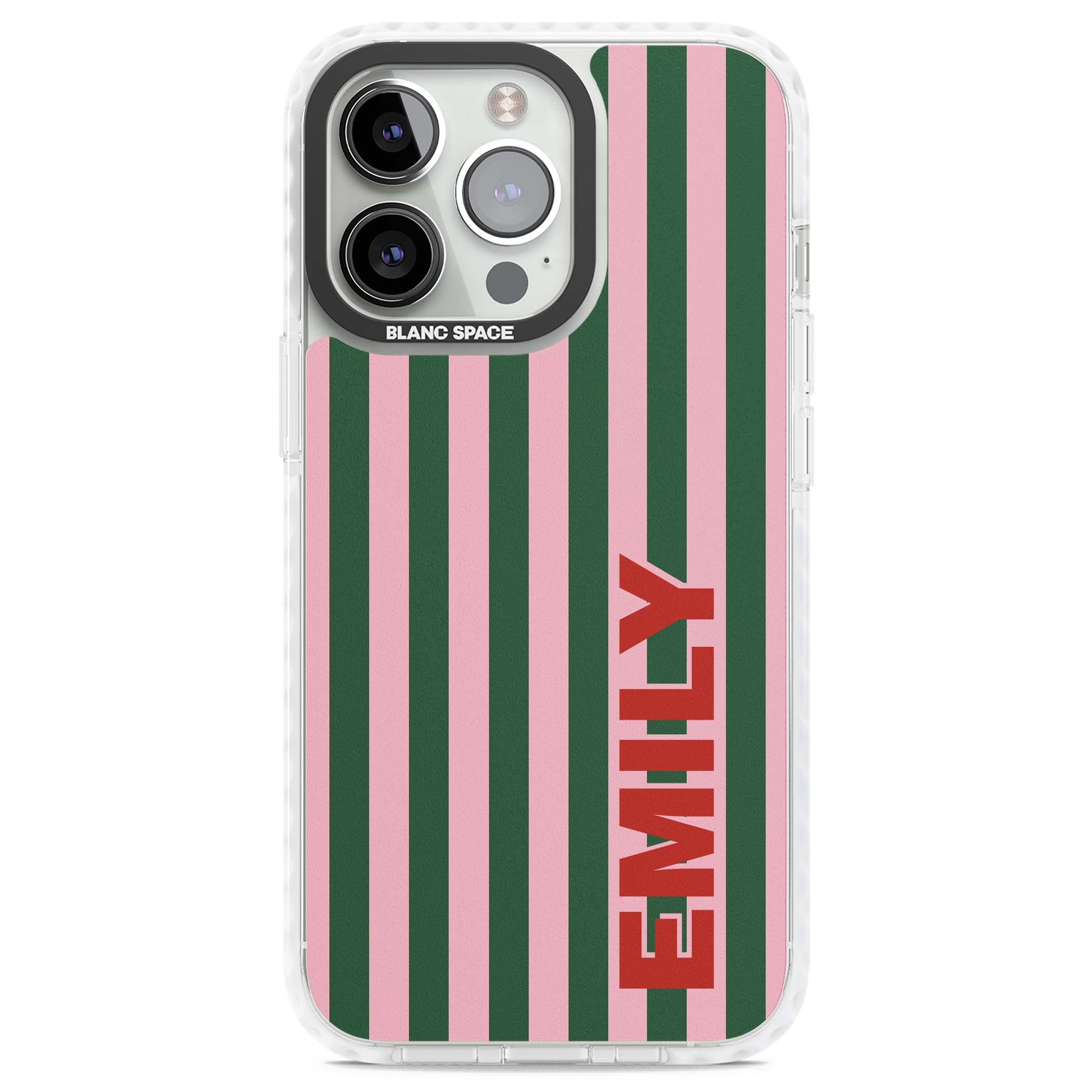 Italian Stripe preppy iPhone case featuring pink and green vertical stripes with personalised red name | Clear Impact case for iPhone 13 Pro, iPhone 14 Pro, iPhone 15 Pro