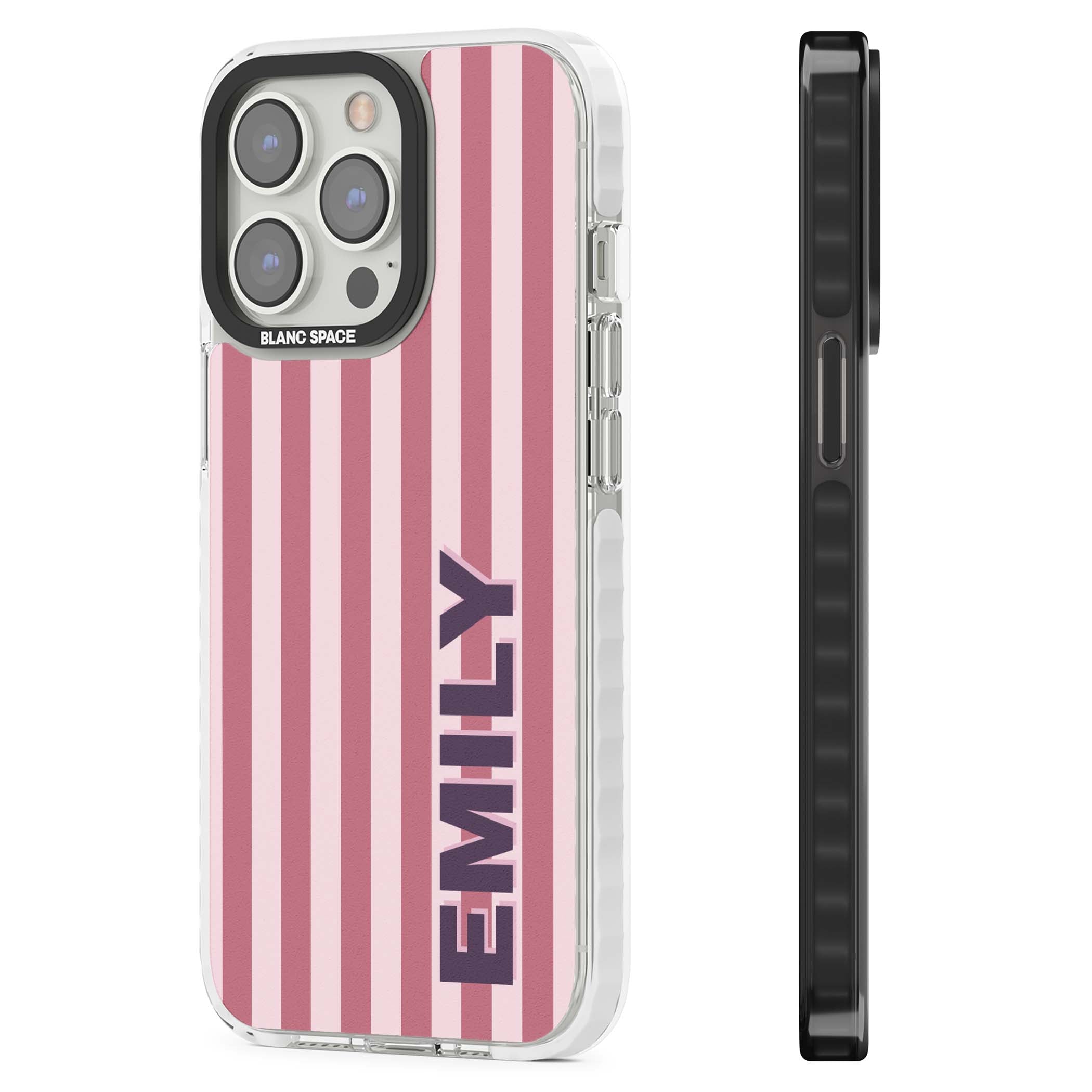 Victoria Stripe personalised iPhone case featuring pink vertical stripes and custom name in bold plum lettering | Clear Impact case for iPhone 13 Pro, iPhone 14 Pro, iPhone 15 Pro