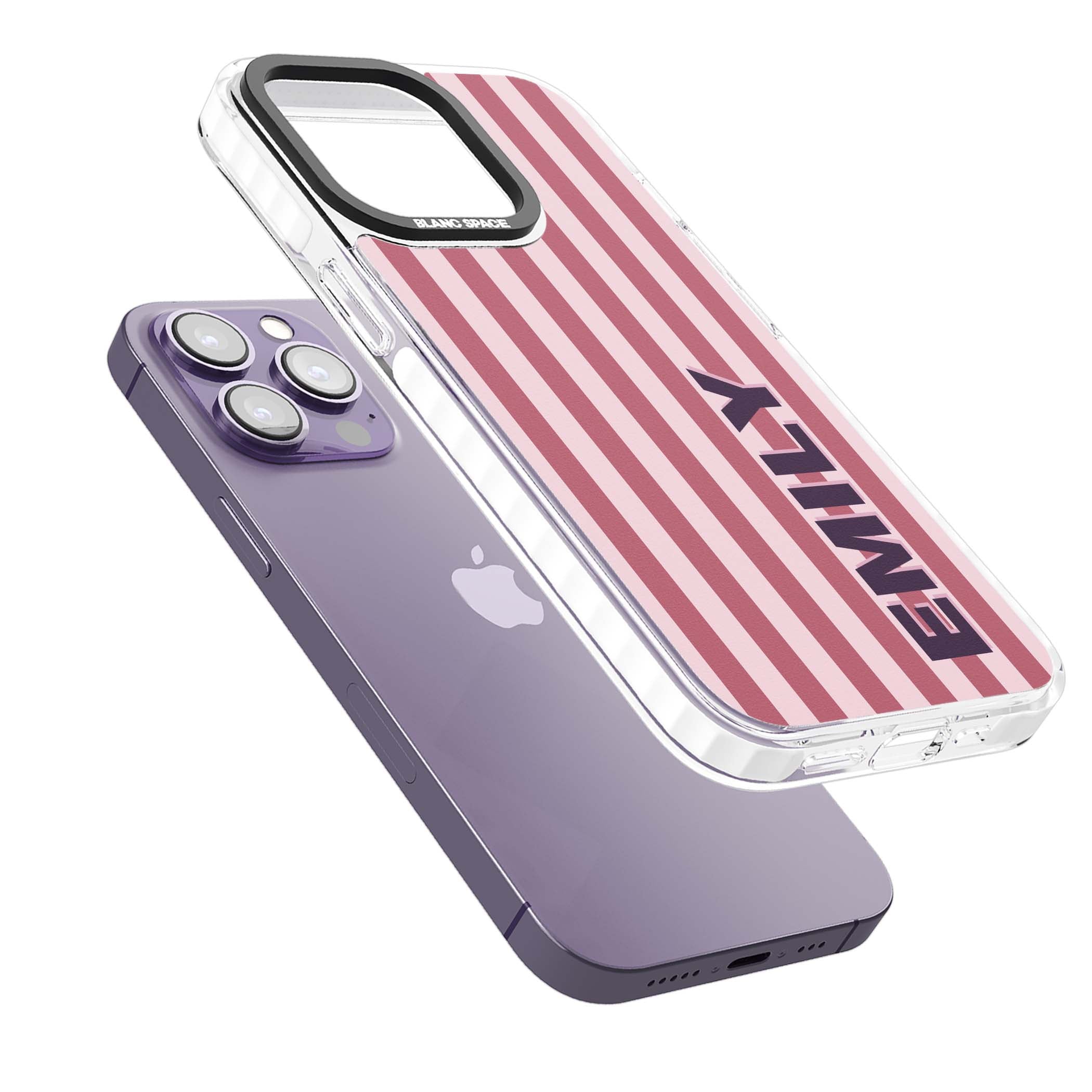 Victoria Stripe personalised iPhone case featuring pink vertical stripes and custom name in bold plum lettering | Clear Impact case for iPhone 13 Pro, iPhone 14 Pro, iPhone 15 Pro