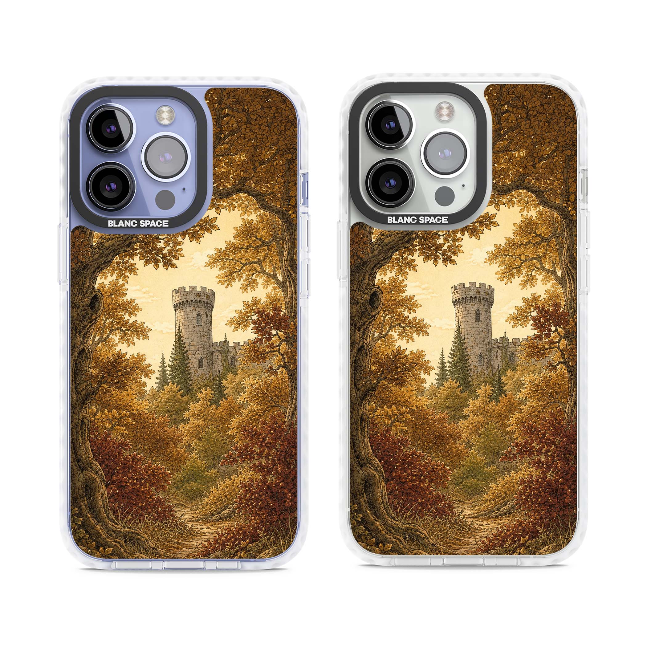 Autumn Keep cottagecore iPhone case featuring a medieval castle tower framed by golden autumn trees and woodland foliage | Clear Impact case for iPhone 13 Pro, iPhone 14 Pro, iPhone 15 Pro