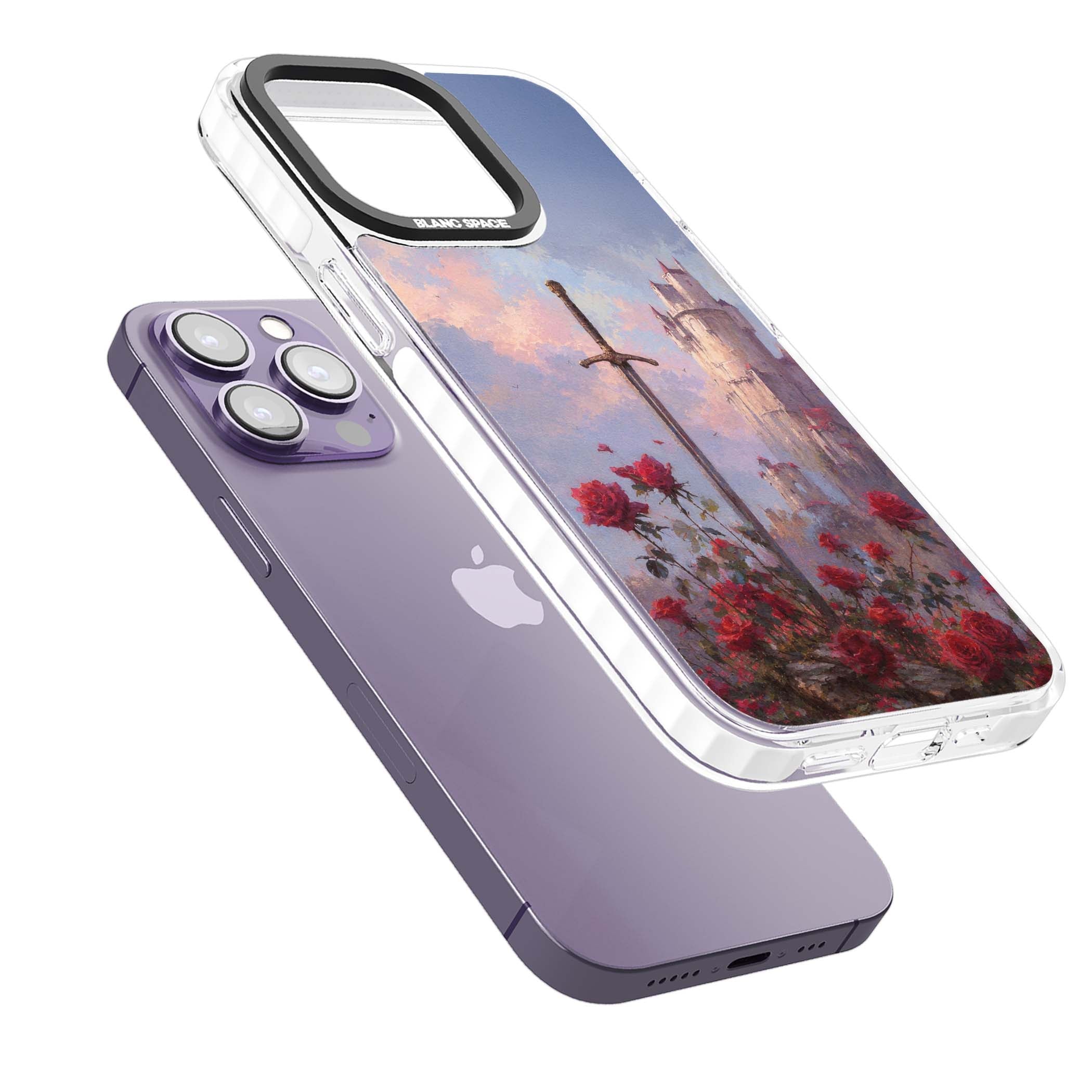 Sword in Roses medieval art iPhone case featuring a sword, red roses, and a misty fairytale castle at sunset | Clear Impact case for iPhone 13 Pro, iPhone 14 Pro, iPhone 15 Pro