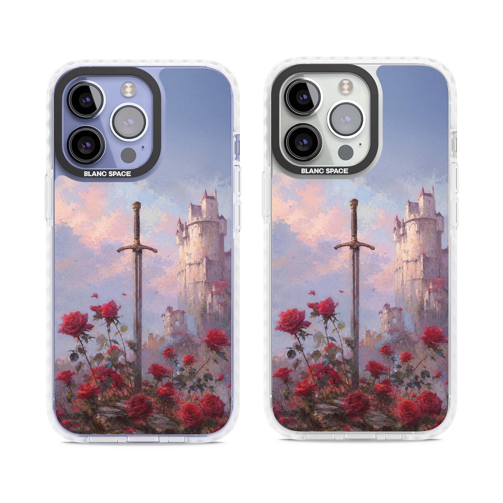 Sword in Roses medieval art iPhone case featuring a sword, red roses, and a misty fairytale castle at sunset | Clear Impact case for iPhone 13 Pro, iPhone 14 Pro, iPhone 15 Pro