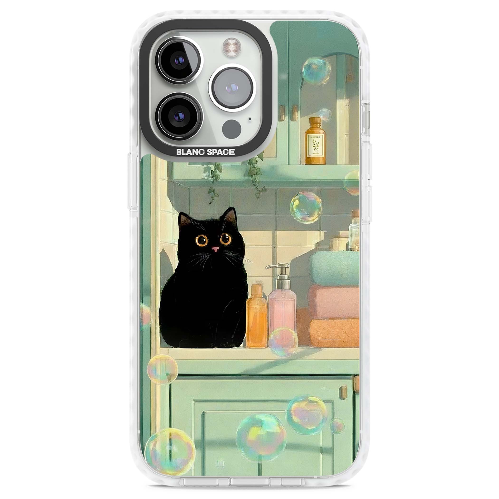 Bathroom Bubble Kitty cottagecore iPhone case featuring a black cat, mint bathroom scene and floating soap bubbles | Clear Impact case for iPhone 13 Pro, iPhone 14 Pro, iPhone 15 Pro