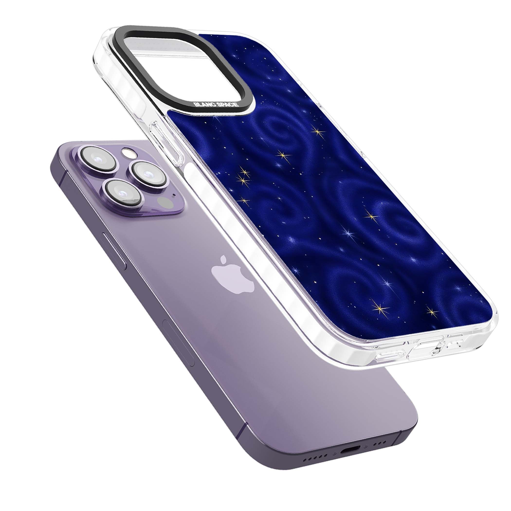 Indigo Cosmos celestial iPhone case featuring swirling navy night sky and sparkling golden stars | Clear Impact case for iPhone 13 Pro, iPhone 14 Pro, iPhone 15 Pro