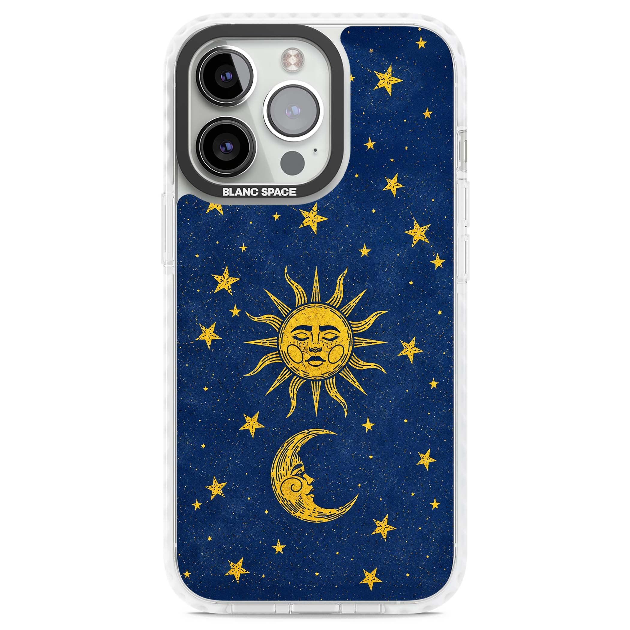 Sun & Moon Reverie celestial iPhone case featuring a vintage golden sun, crescent moon and scattered stars on midnight blue | Clear Impact case for iPhone 13 Pro, iPhone 14 Pro, iPhone 15 Pro
