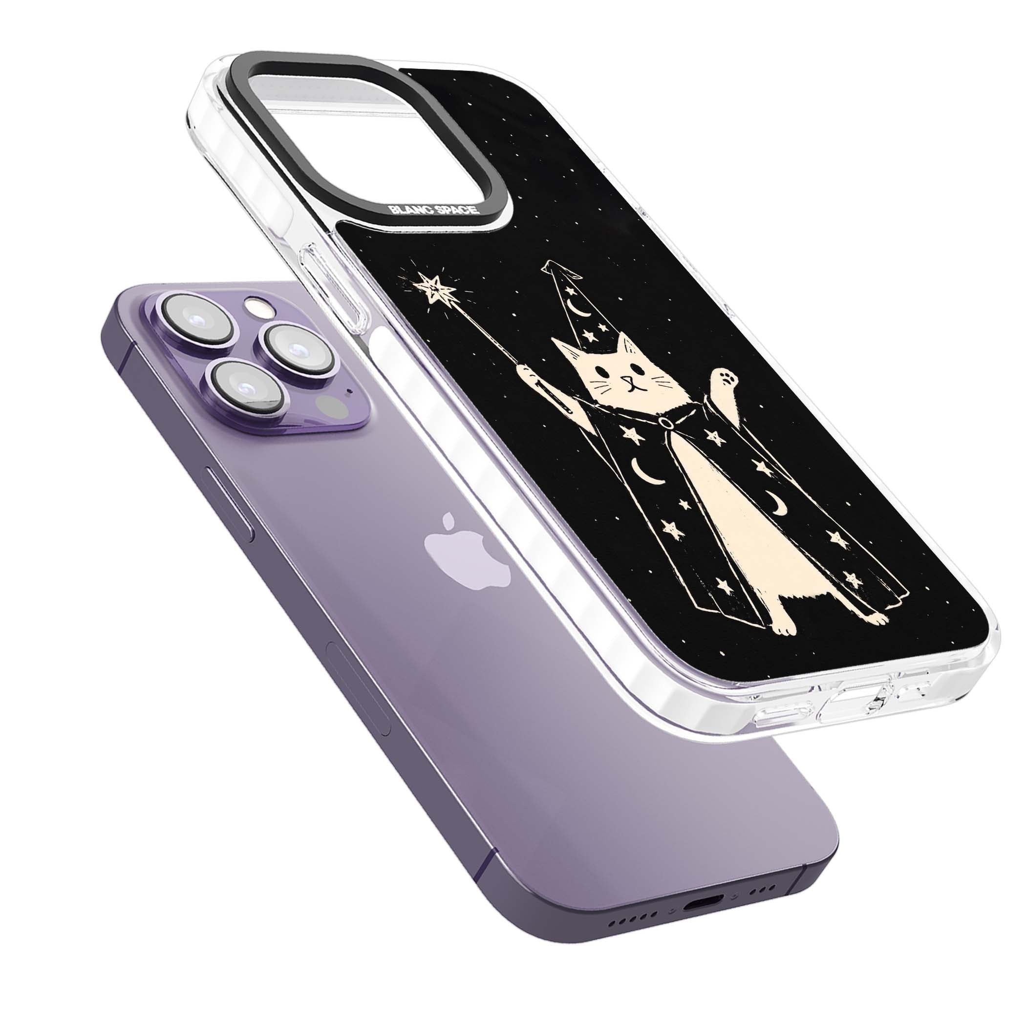 Whisker Wizard celestial cat iPhone case featuring a wizard cat with magic wand, starry night sky and crescent moons | Clear Impact case for iPhone 13 Pro, iPhone 14 Pro, iPhone 15 Pro