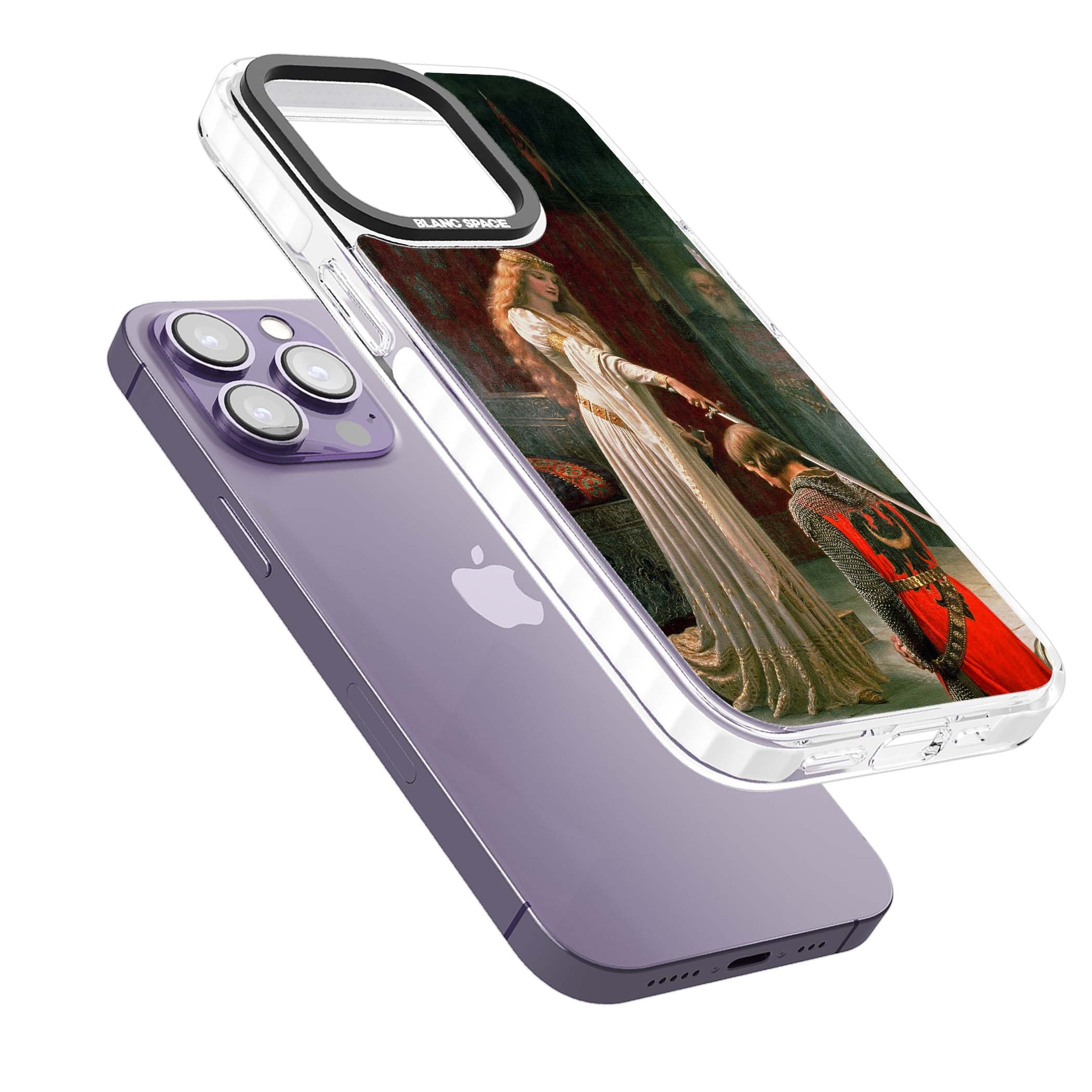 The Accolade renaissance art iPhone case featuring Edmund Blair Leighton's painting of a queen knighting a kneeling knight | Clear Impact case for iPhone 13 Pro, iPhone 14 Pro, iPhone 15 Pro