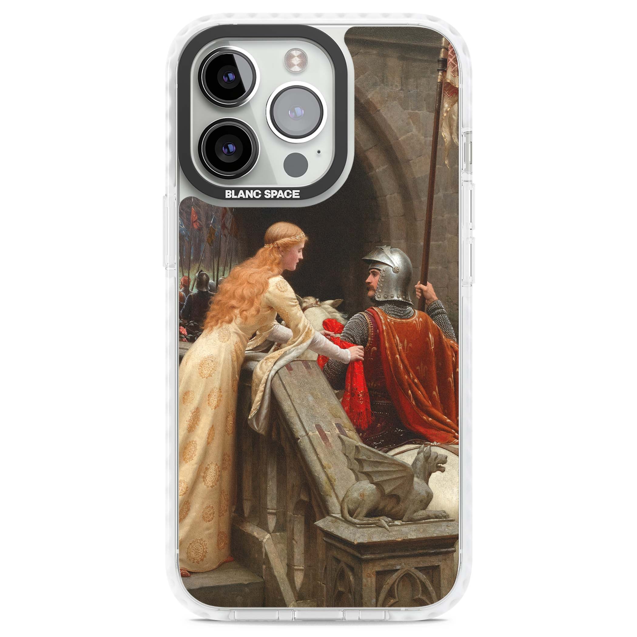 God Speed fine art iPhone case featuring Edmund Blair Leighton's medieval knight and lady beneath a stone archway | Clear Impact case for iPhone 13 Pro, iPhone 14 Pro, iPhone 15 Pro