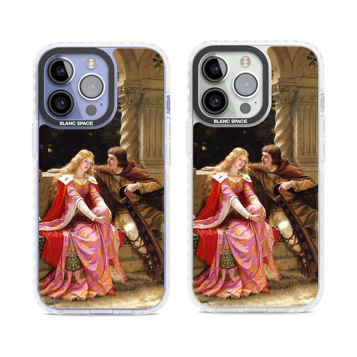 The End of the Song classic art iPhone case featuring a medieval lady in pink gown and her knight in a stone archway | Clear Impact case for iPhone 13 Pro, iPhone 14 Pro, iPhone 15 Pro