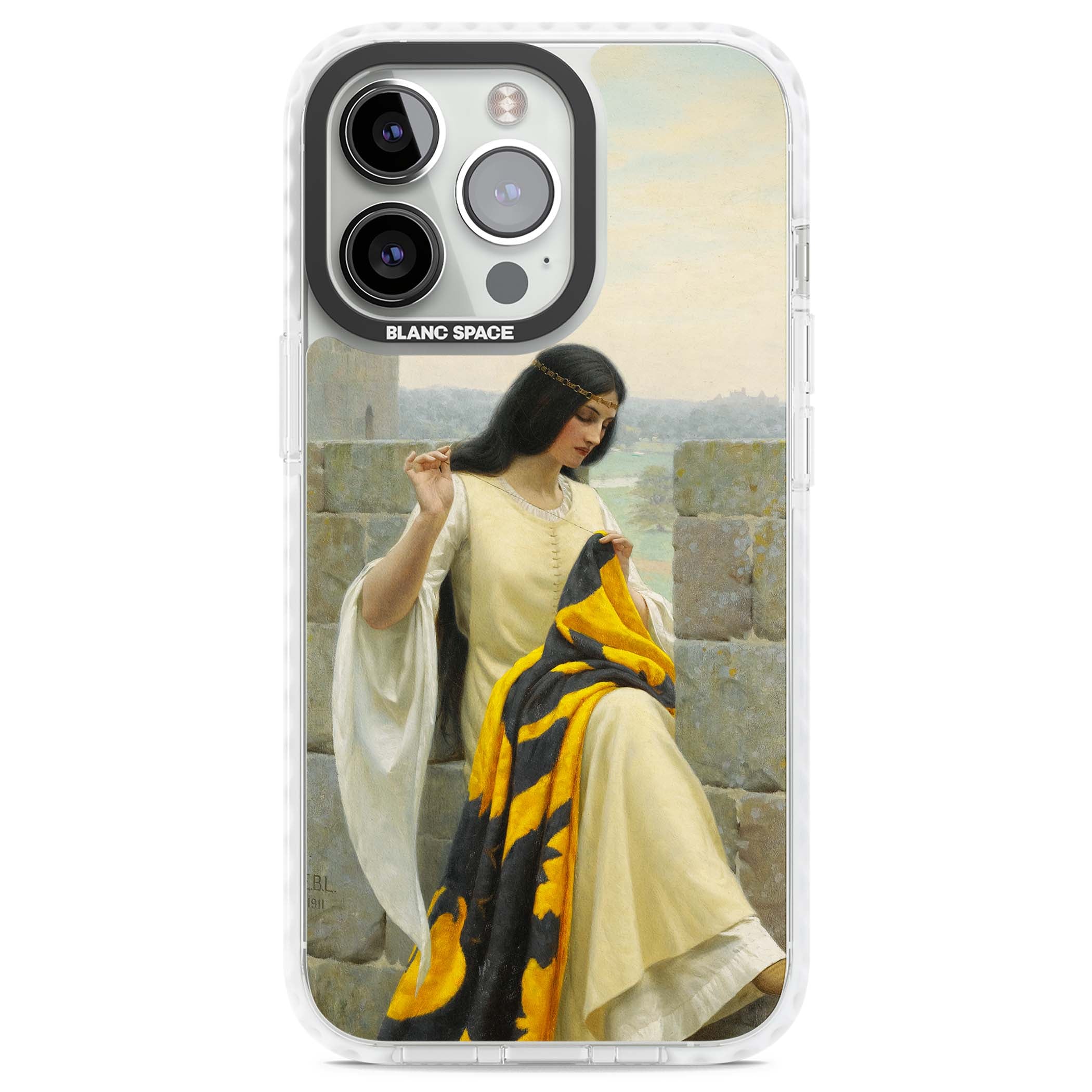 Stitching the Standard renaissance art iPhone case featuring a medieval lady sewing a golden banner on a castle wall | Clear Impact case for iPhone 13 Pro, iPhone 14 Pro, iPhone 15 Pro
