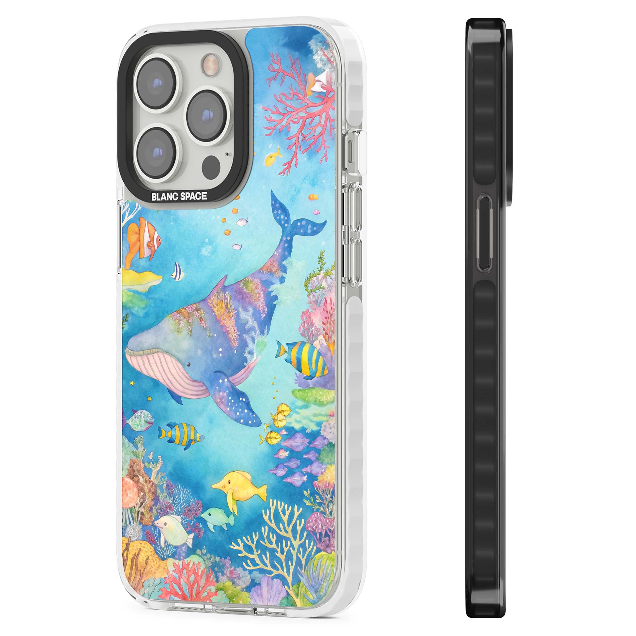 Coral Lagoon ocean iPhone case featuring a watercolour whale, coral reef and tropical fish | Clear Impact case for iPhone 13 Pro, iPhone 14 Pro, iPhone 15 Pro