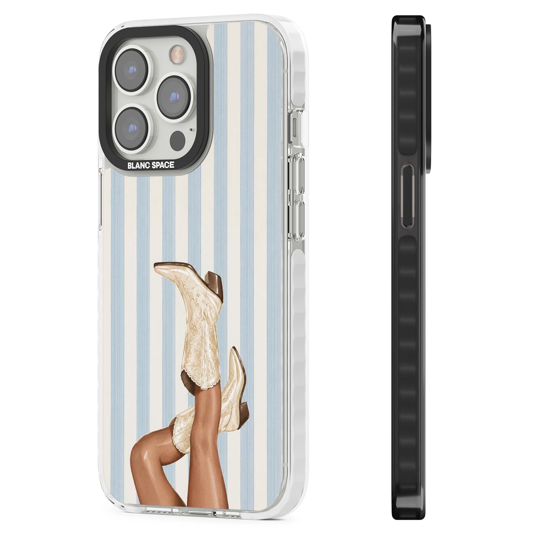 Cowgirl Boots coastal cowgirl iPhone case featuring embroidered western boots, tanned legs and a blue stripe backdrop | Clear Impact case for iPhone 13 Pro, iPhone 14 Pro, iPhone 15 Pro