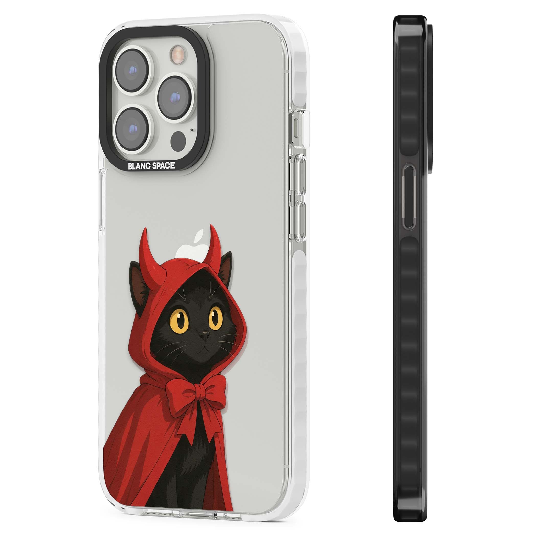 Little Devil halloween iPhone case featuring a black cat in a red hooded devil cloak with horns and golden eyes | Clear Impact case for iPhone 13 Pro, iPhone 14 Pro, iPhone 15 Pro