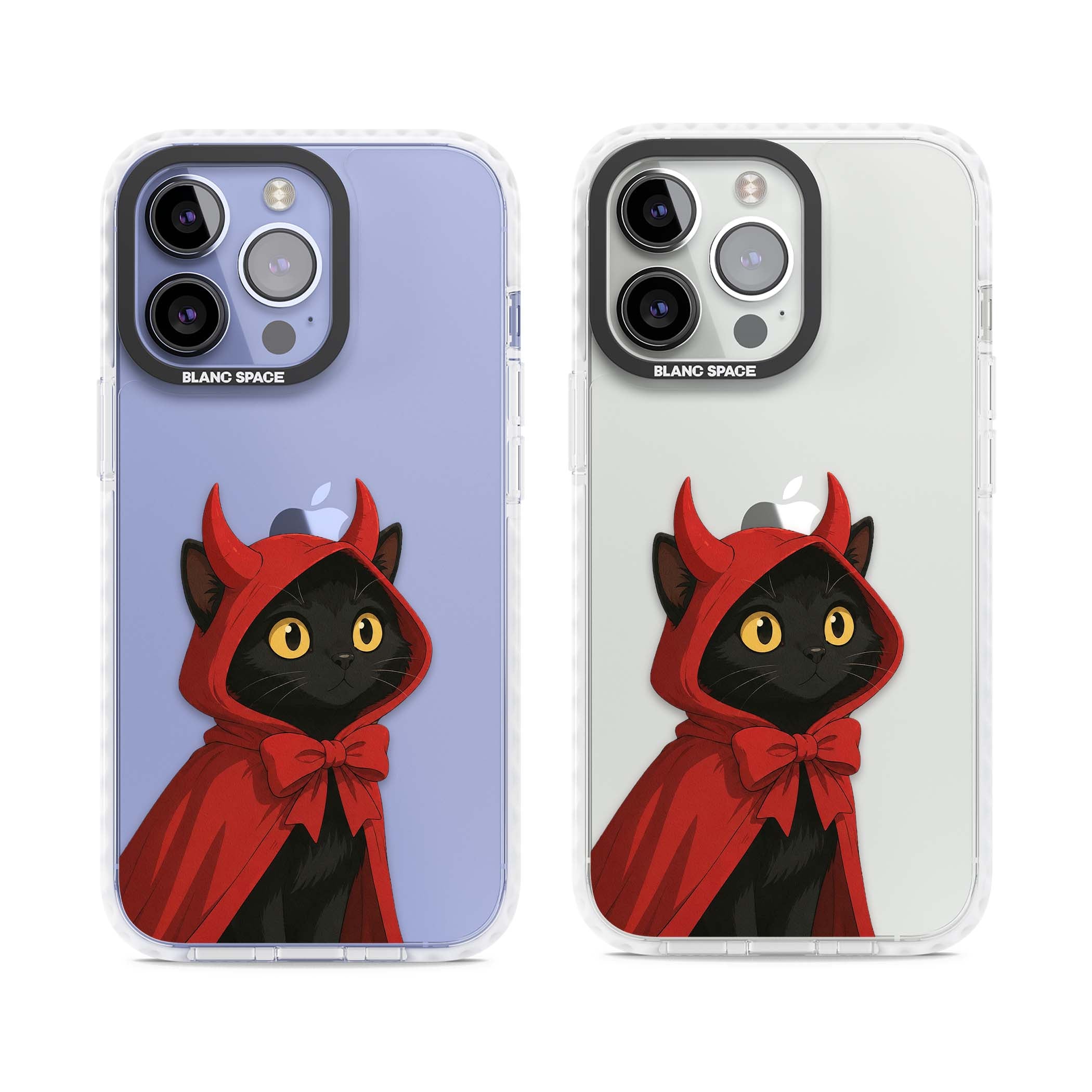 Little Devil halloween iPhone case featuring a black cat in a red hooded devil cloak with horns and golden eyes | Clear Impact case for iPhone 13 Pro, iPhone 14 Pro, iPhone 15 Pro
