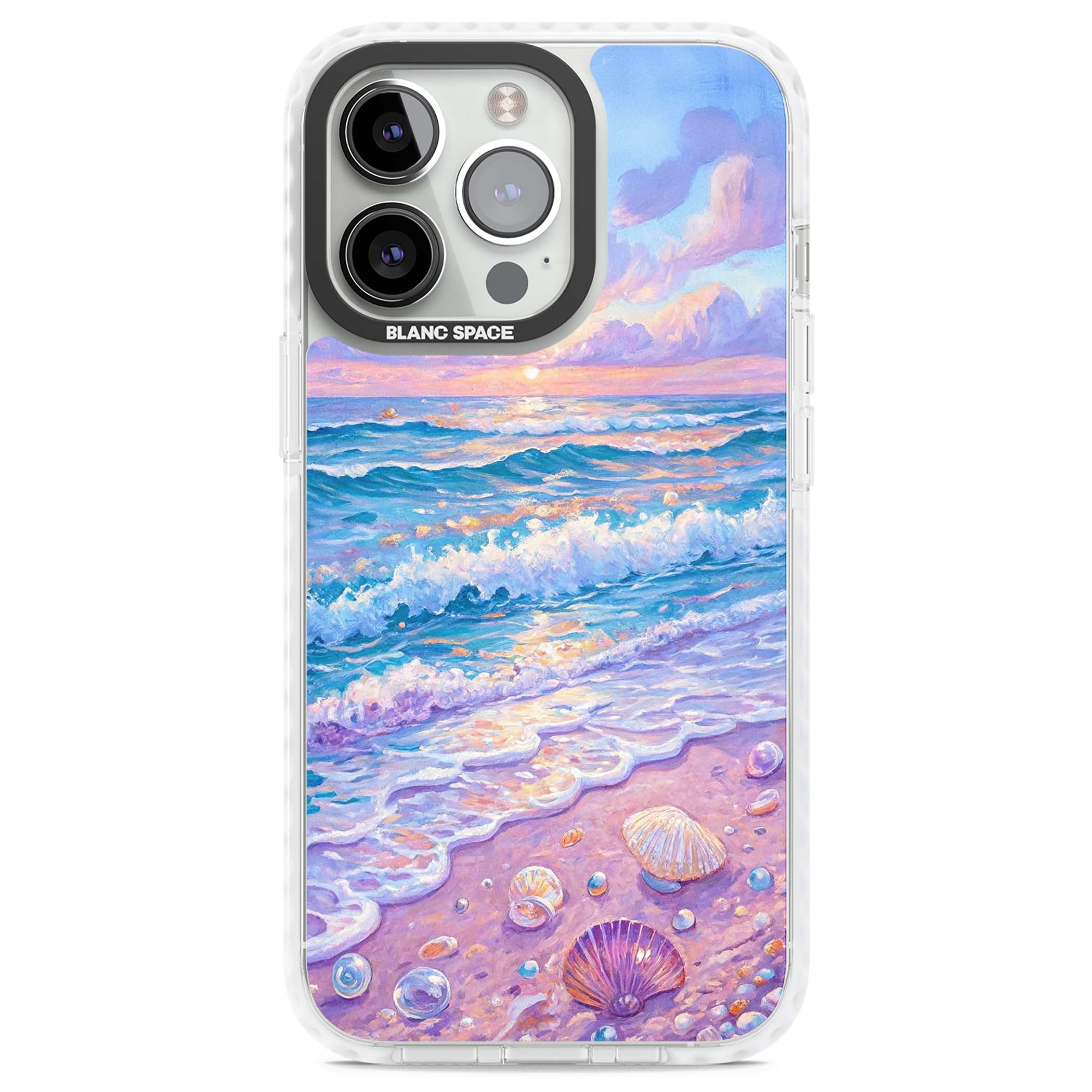 Pearl Shore coastal iPhone case featuring pastel painted waves, seashells, and a sunrise sky over a lavender beach. | Clear Impact case for iPhone 13 Pro, iPhone 14 Pro, iPhone 15 Pro