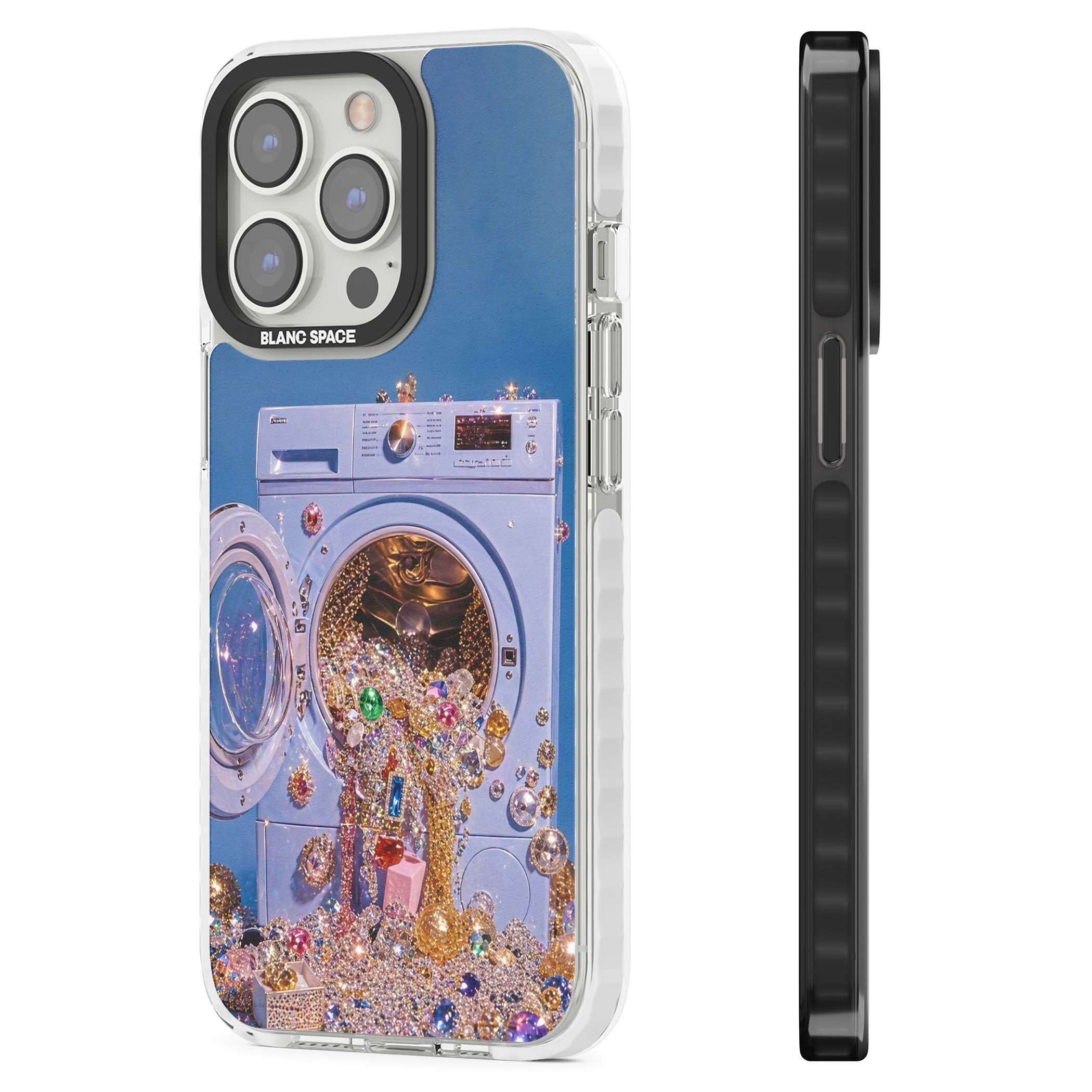 Gem Laundry baddie iPhone case featuring a surreal washing machine overflowing with colourful gemstones and crystals | Clear Impact case for iPhone 13 Pro, iPhone 14 Pro, iPhone 15 Pro