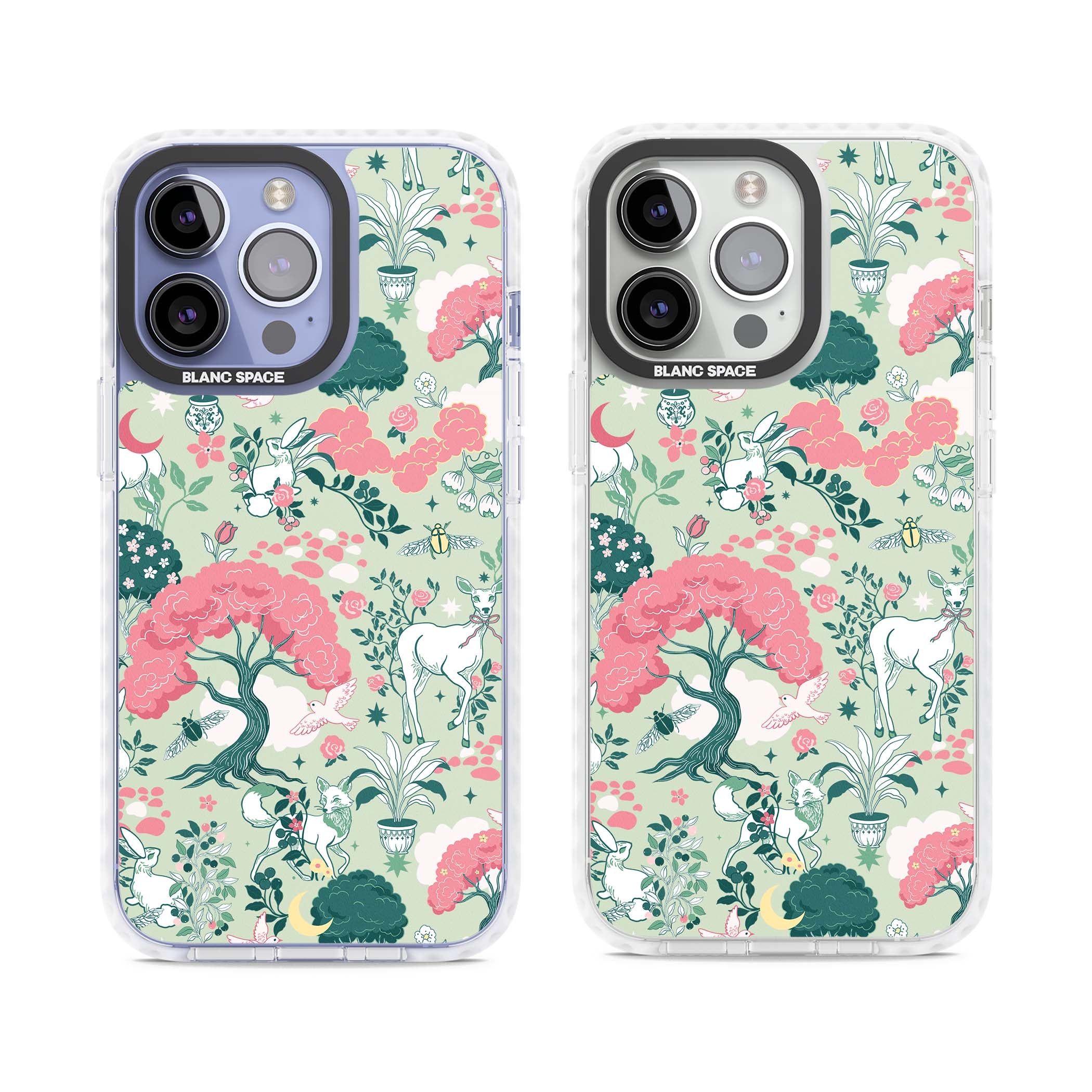 Enchanted Woodland cottagecore iPhone case featuring white deer, pink roses, mushrooms and woodland animals on sage green | Clear Impact case for iPhone 13 Pro, iPhone 14 Pro, iPhone 15 Pro