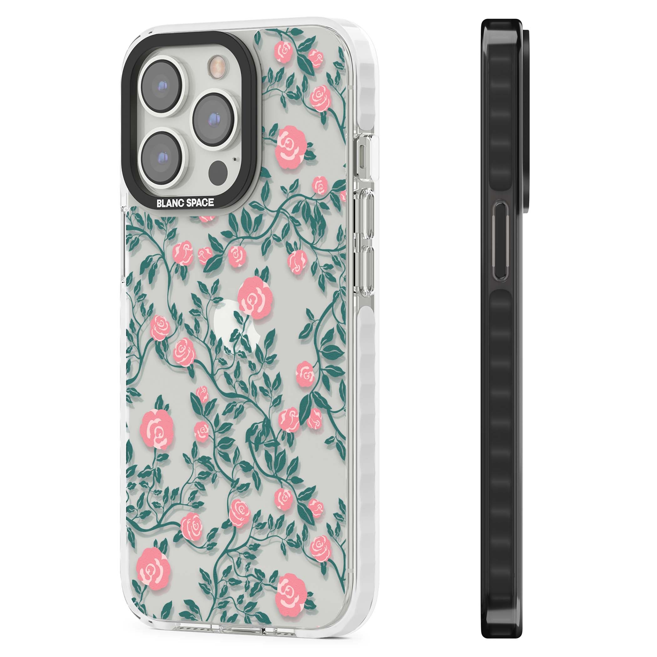 Rose Trellis (Clear) cottagecore iPhone case featuring pink climbing roses and green leaves on clear background | Clear Impact case for iPhone 13 Pro, iPhone 14 Pro, iPhone 15 Pro