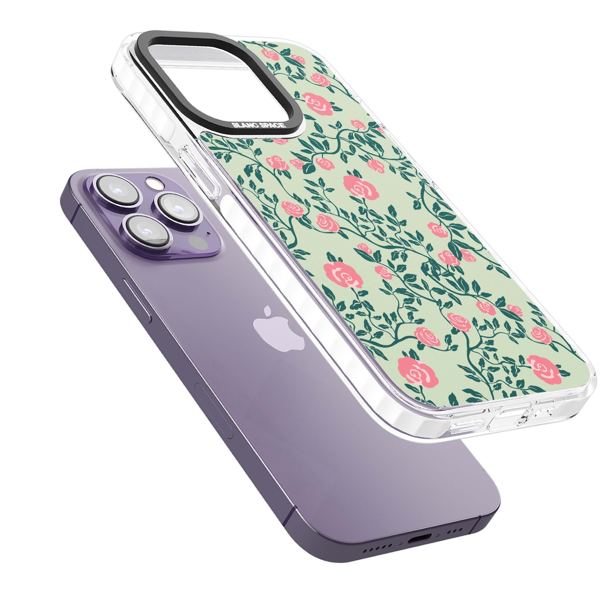 Rose Trellis cottagecore iPhone case featuring pink roses, sage green vines, and mint background | Clear Impact case for iPhone 13 Pro, iPhone 14 Pro, iPhone 15 Pro