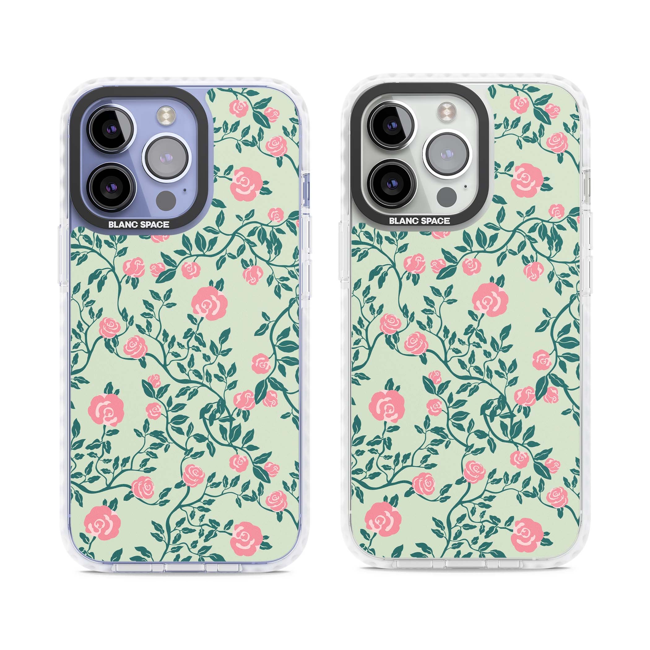 Rose Trellis cottagecore iPhone case featuring pink roses, sage green vines, and mint background | Clear Impact case for iPhone 13 Pro, iPhone 14 Pro, iPhone 15 Pro