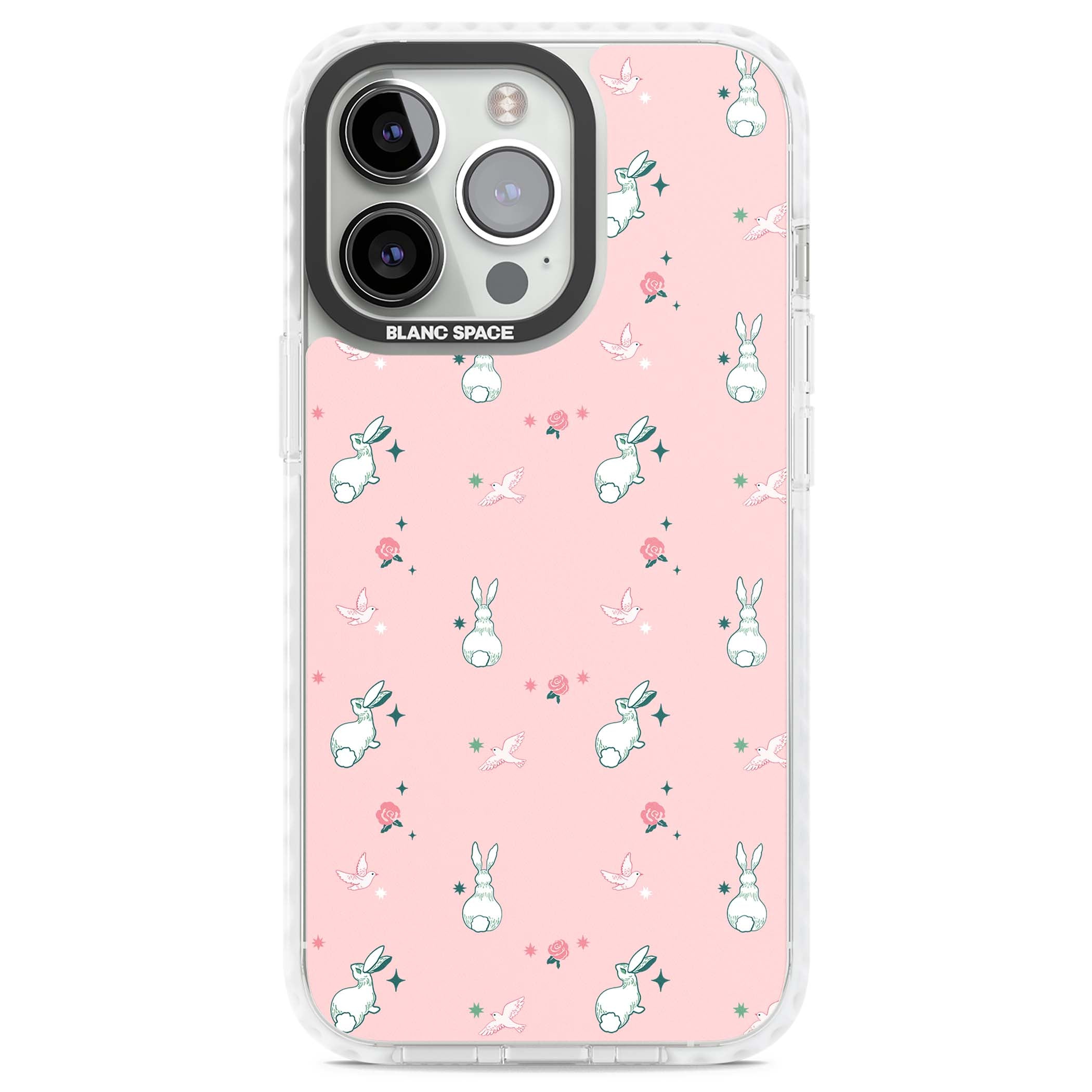 Bunny Garden kawaii iPhone case featuring white rabbits, pink roses, doves and stars on pink background | Clear Impact case for iPhone 13 Pro, iPhone 14 Pro, iPhone 15 Pro