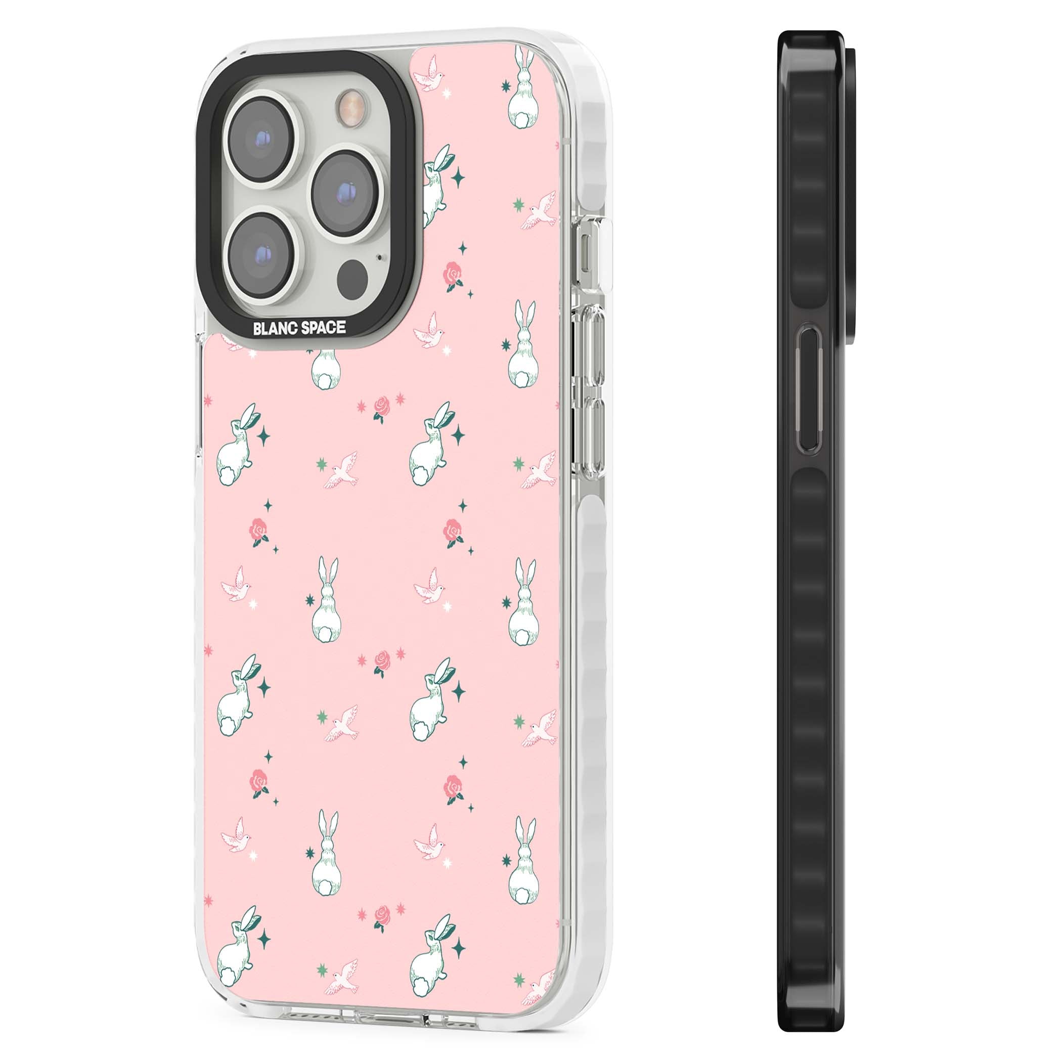 Bunny Garden kawaii iPhone case featuring white rabbits, pink roses, doves and stars on pink background | Clear Impact case for iPhone 13 Pro, iPhone 14 Pro, iPhone 15 Pro