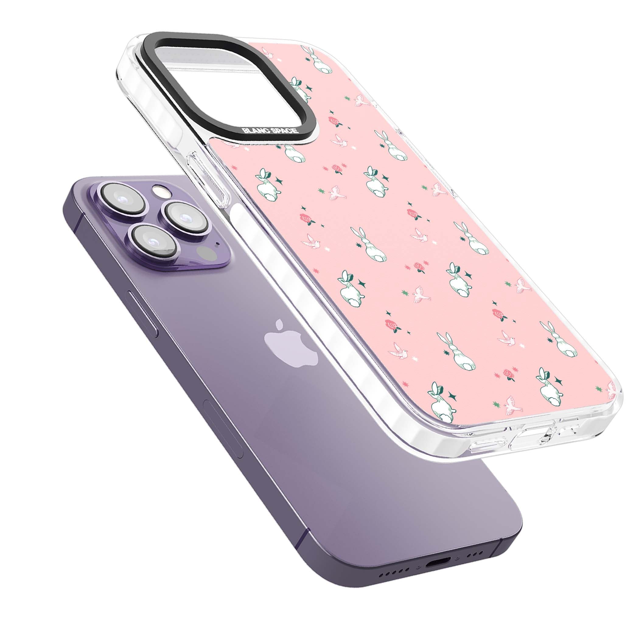 Bunny Garden kawaii iPhone case featuring white rabbits, pink roses, doves and stars on pink background | Clear Impact case for iPhone 13 Pro, iPhone 14 Pro, iPhone 15 Pro