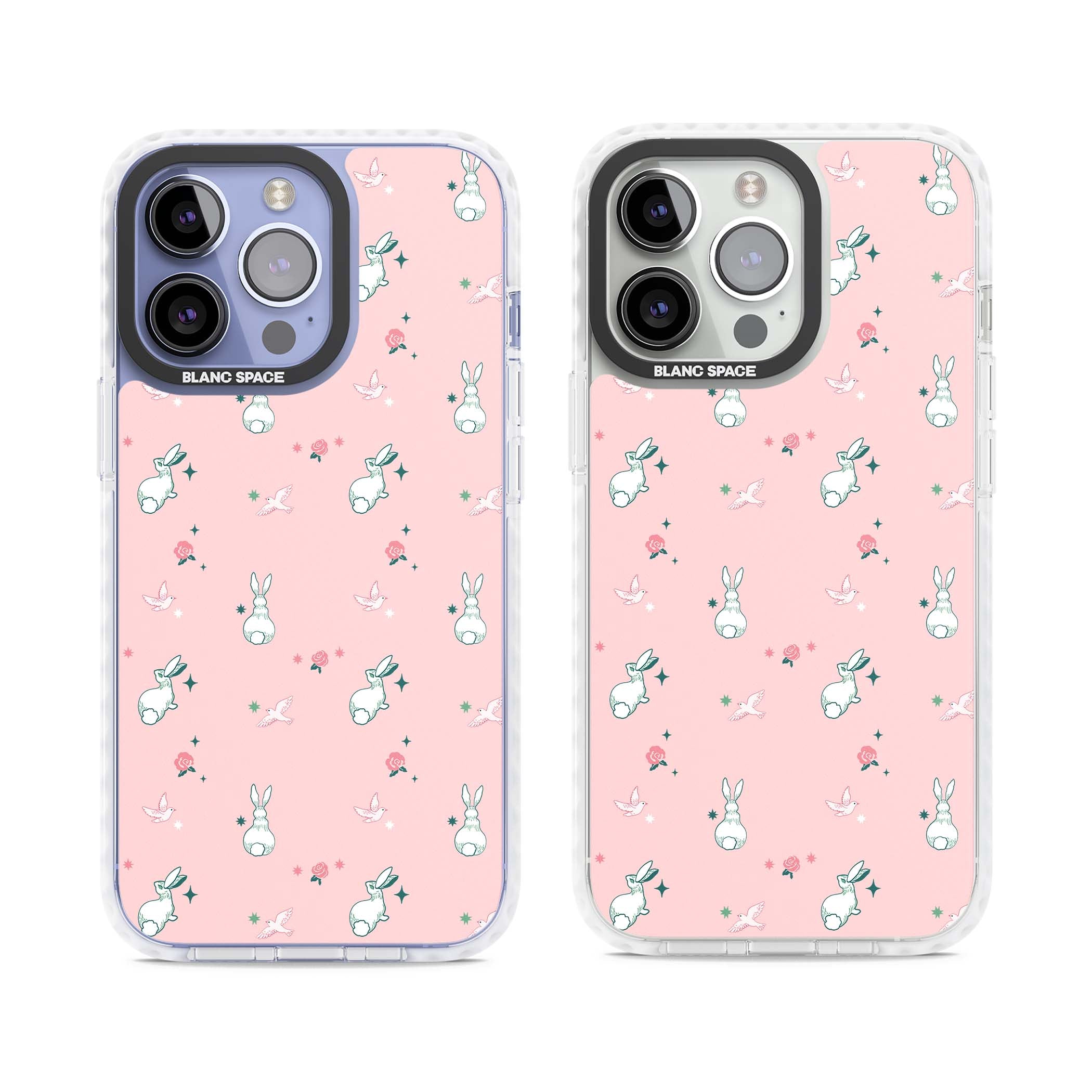 Bunny Garden kawaii iPhone case featuring white rabbits, pink roses, doves and stars on pink background | Clear Impact case for iPhone 13 Pro, iPhone 14 Pro, iPhone 15 Pro