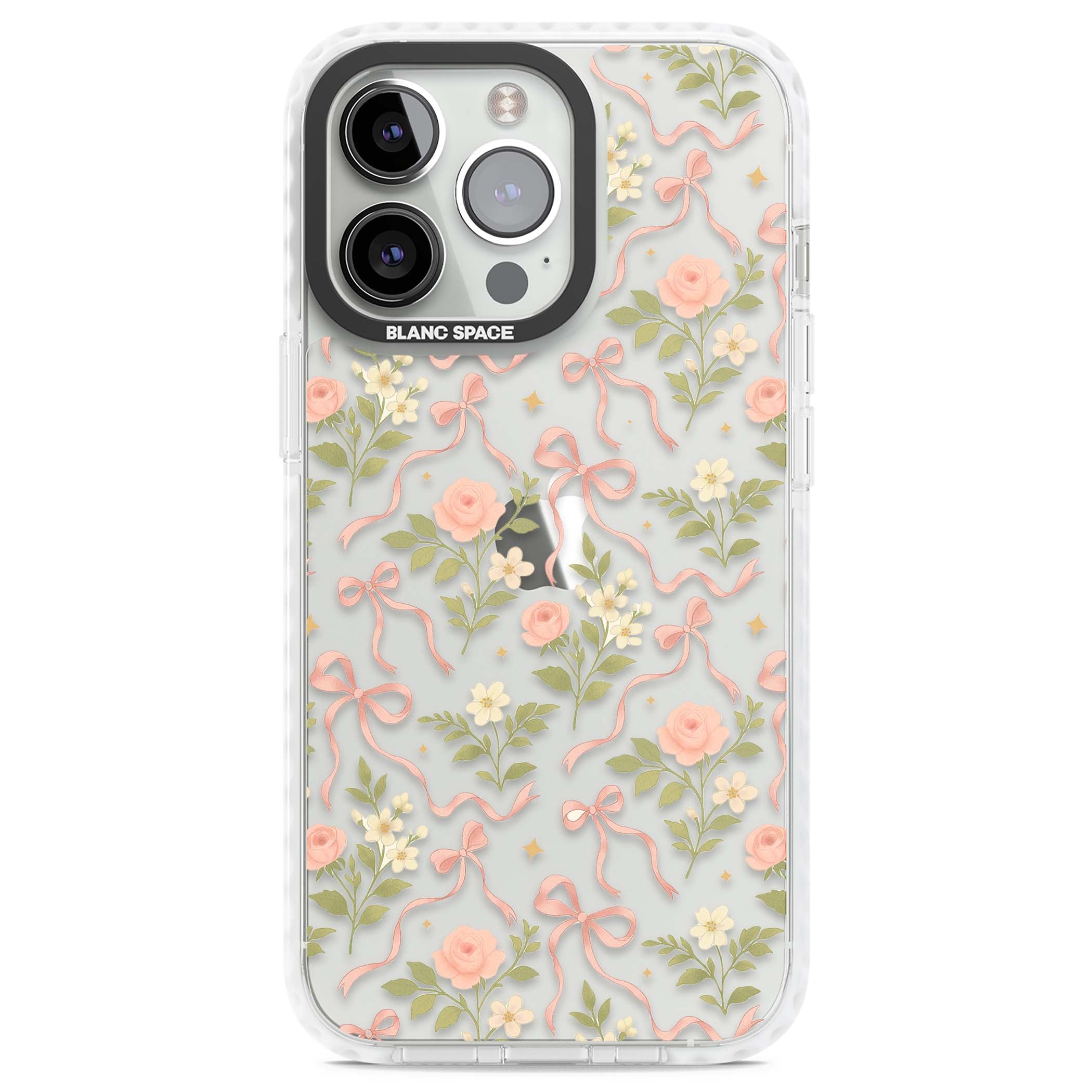 Ribbon Garden coquette iPhone case featuring pink bows, peach roses and wildflowers on white background | Clear Impact case for iPhone 13 Pro, iPhone 14 Pro, iPhone 15 Pro