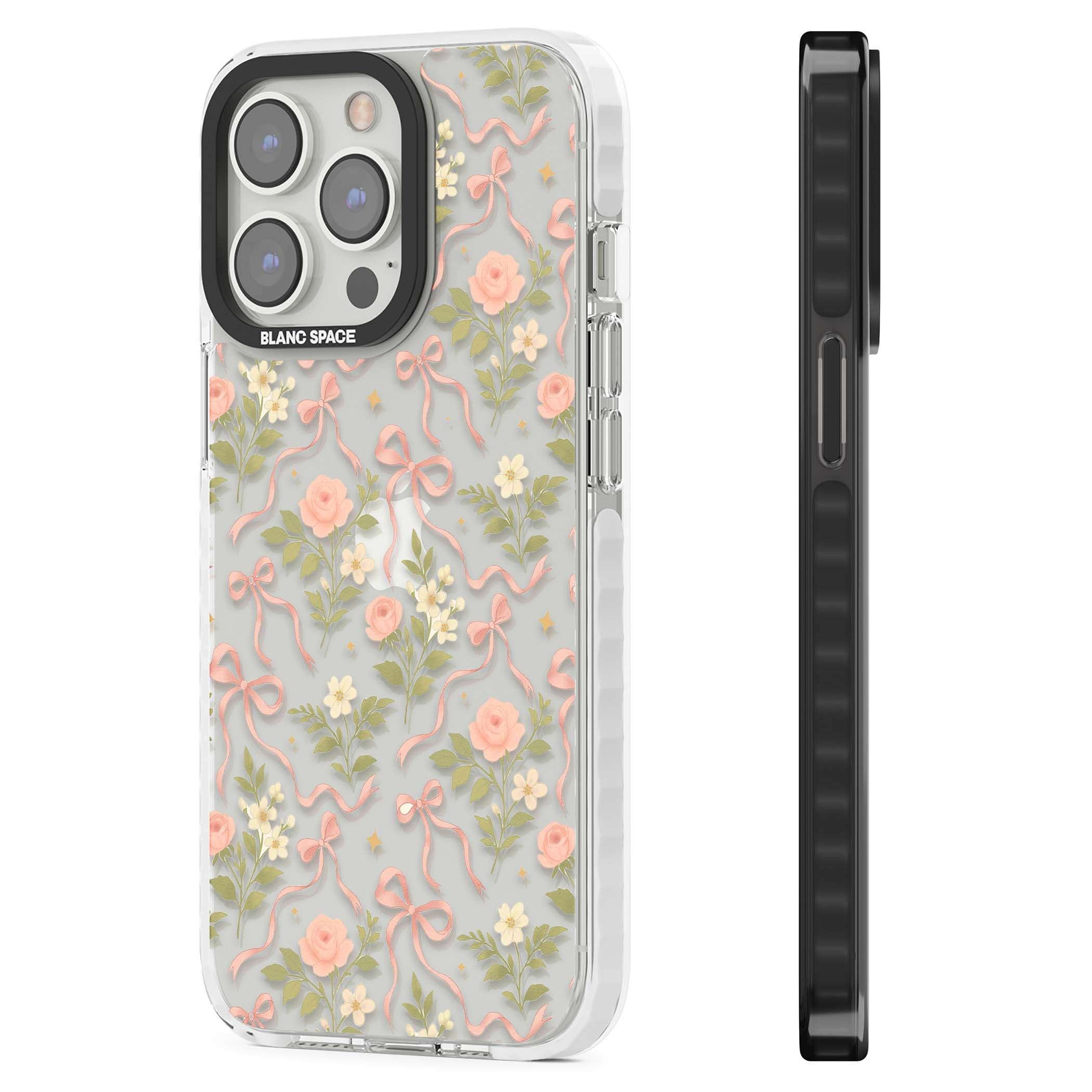 Ribbon Garden coquette iPhone case featuring pink bows, peach roses and wildflowers on white background | Clear Impact case for iPhone 13 Pro, iPhone 14 Pro, iPhone 15 Pro