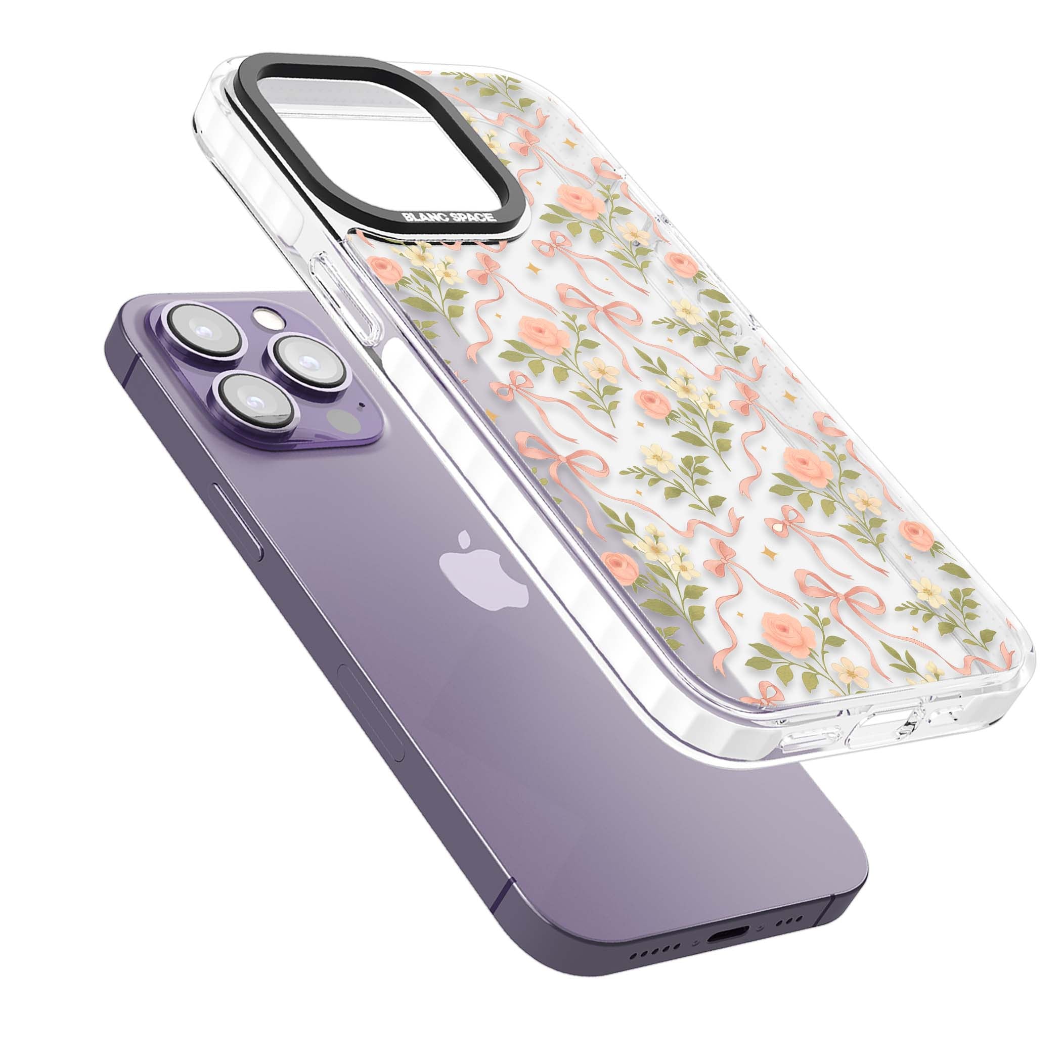Ribbon Garden coquette iPhone case featuring pink bows, peach roses and wildflowers on white background | Clear Impact case for iPhone 13 Pro, iPhone 14 Pro, iPhone 15 Pro