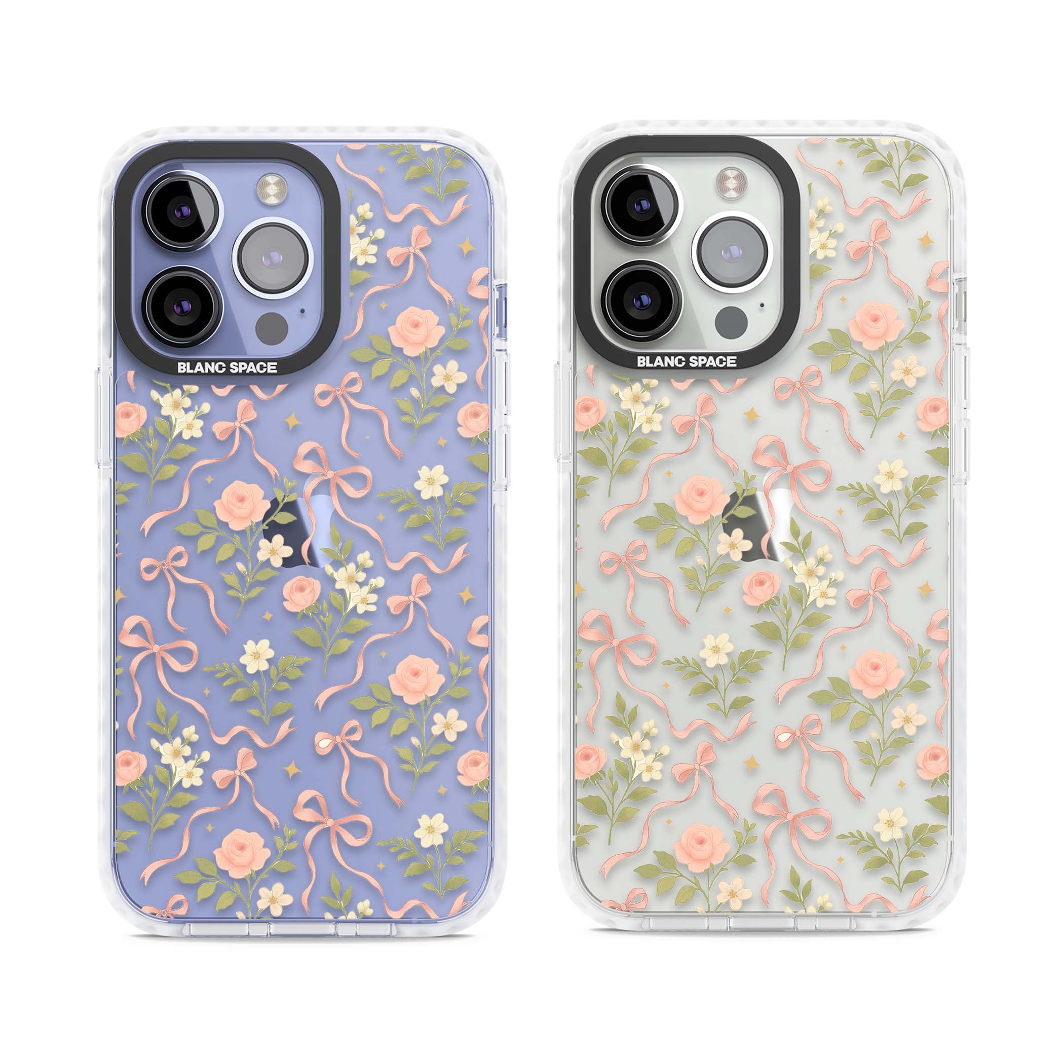 Ribbon Garden coquette iPhone case featuring pink bows, peach roses and wildflowers on white background | Clear Impact case for iPhone 13 Pro, iPhone 14 Pro, iPhone 15 Pro