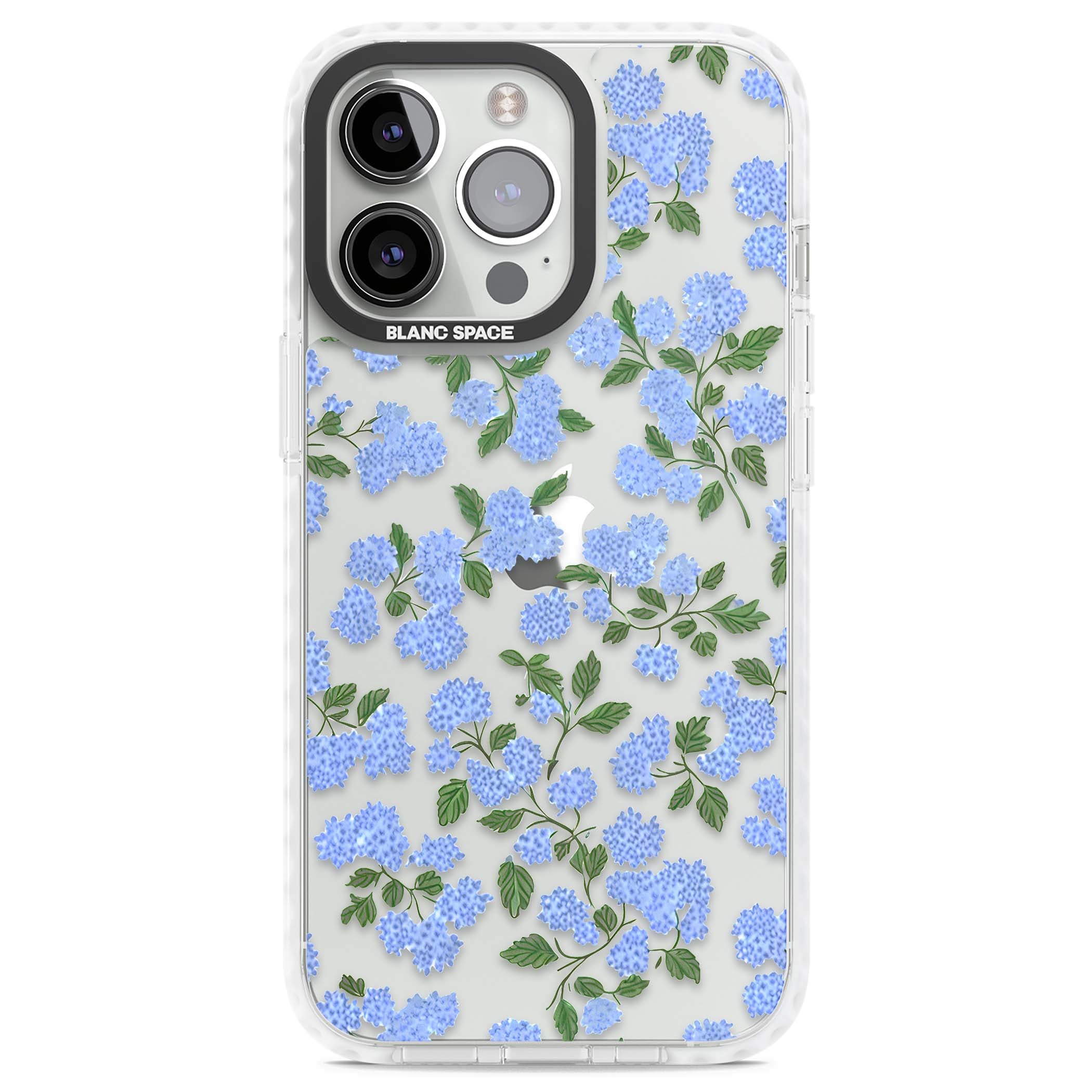 Hydrangea Dreams cottagecore iPhone case featuring soft blue hydrangea flower clusters and green leaves | Clear Impact case for iPhone 13 Pro, iPhone 14 Pro, iPhone 15 Pro