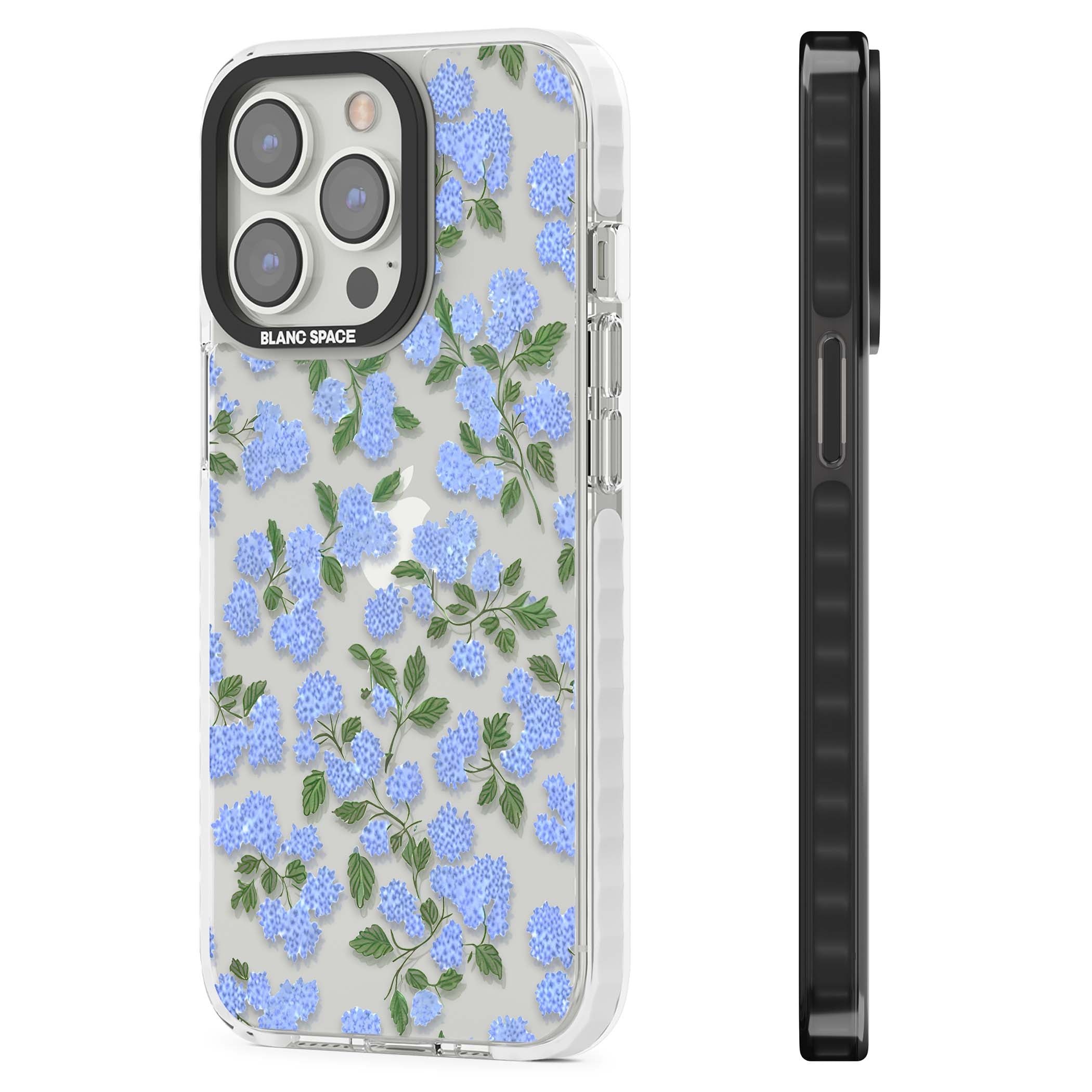 Hydrangea Dreams cottagecore iPhone case featuring soft blue hydrangea flower clusters and green leaves | Clear Impact case for iPhone 13 Pro, iPhone 14 Pro, iPhone 15 Pro