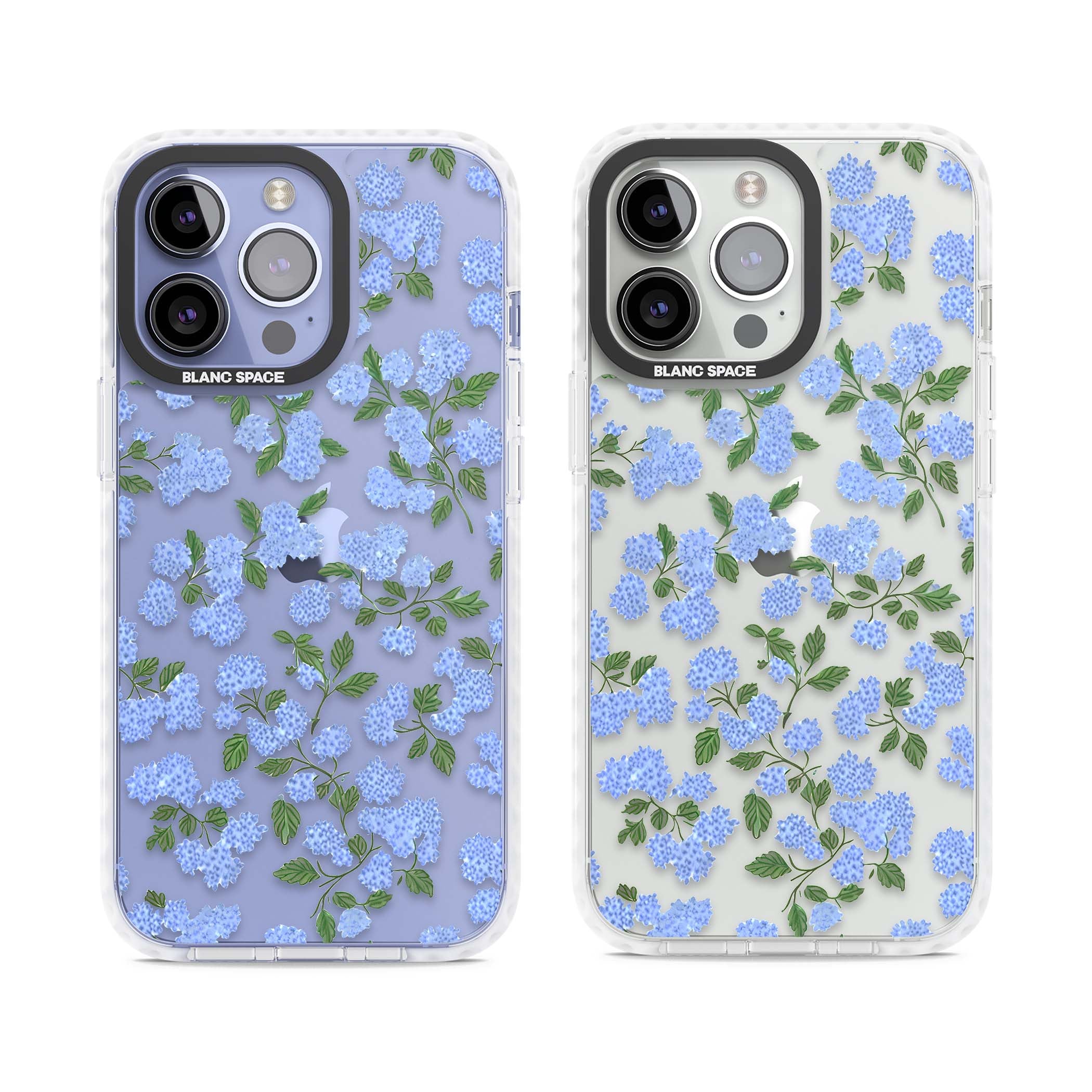 Hydrangea Dreams cottagecore iPhone case featuring soft blue hydrangea flower clusters and green leaves | Clear Impact case for iPhone 13 Pro, iPhone 14 Pro, iPhone 15 Pro