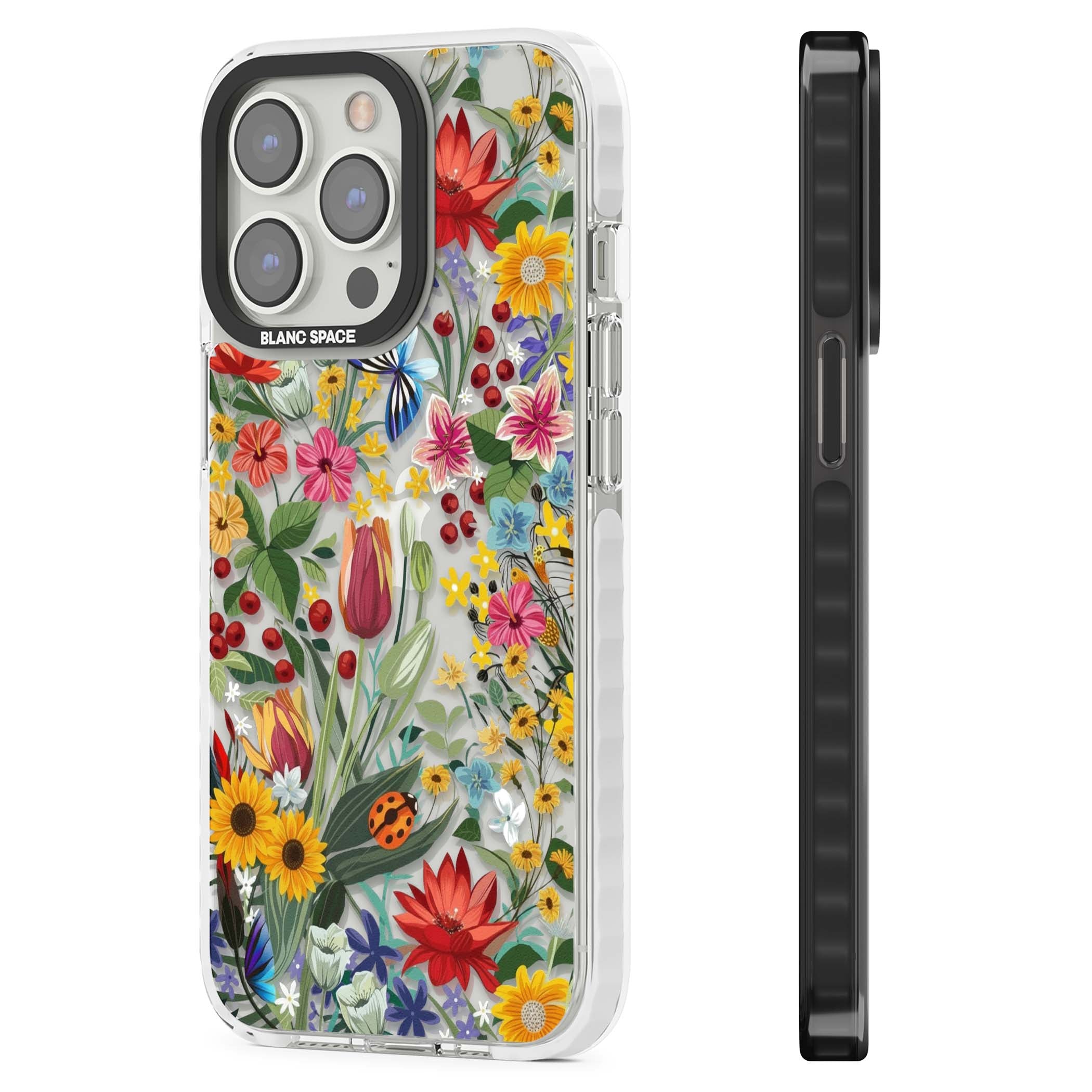Botanical Bloom cottagecore iPhone case featuring colorful wildflowers, sunflowers, and ladybugs on clear background | Clear Impact case for iPhone 13 Pro, iPhone 14 Pro, iPhone 15 Pro