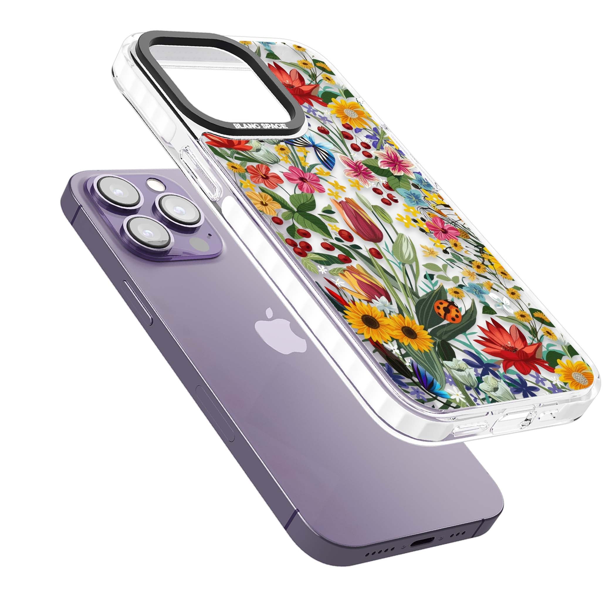 Botanical Bloom cottagecore iPhone case featuring colorful wildflowers, sunflowers, and ladybugs on clear background | Clear Impact case for iPhone 13 Pro, iPhone 14 Pro, iPhone 15 Pro