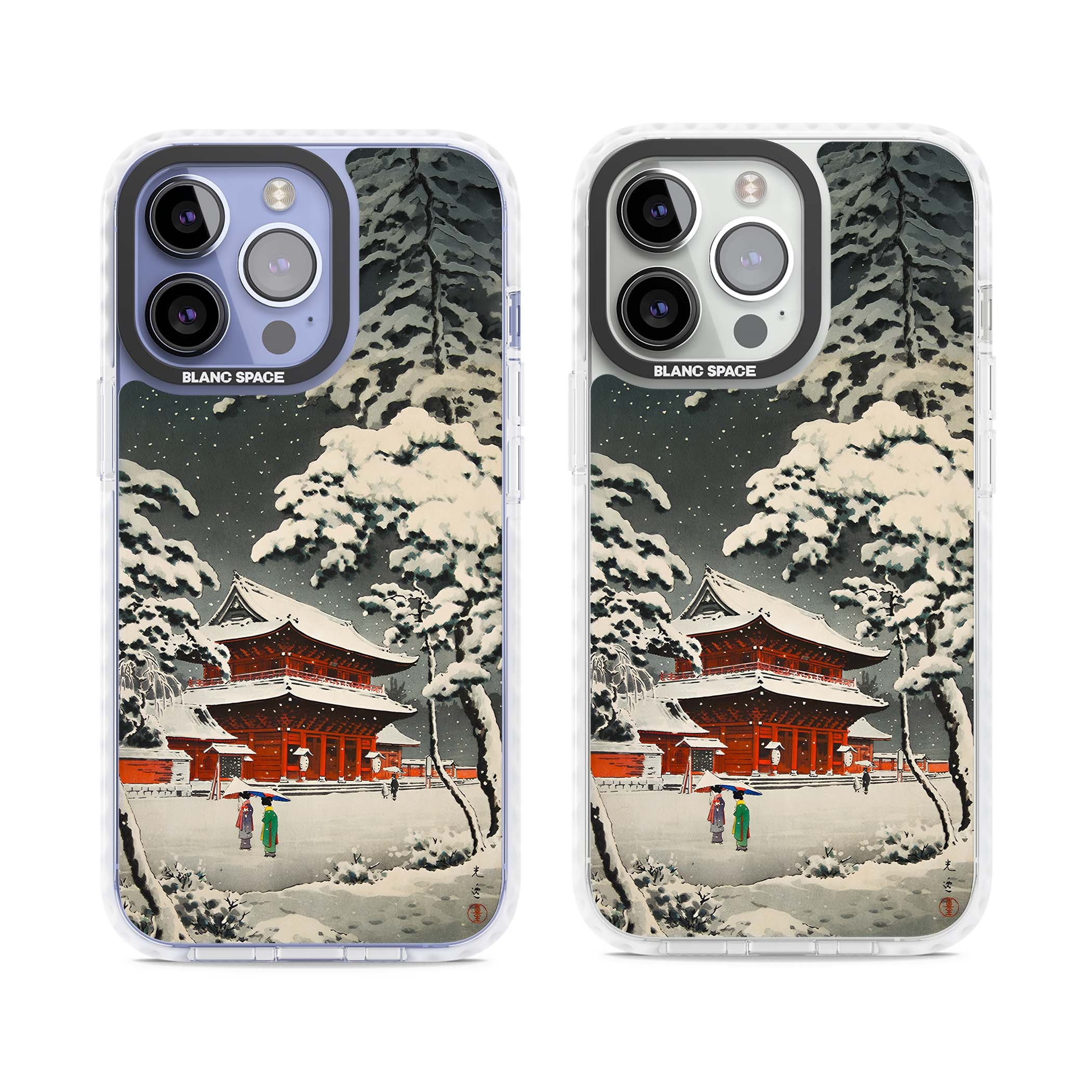 Snow at Shiha Park, Tokyo Japanese art iPhone case featuring a vintage ukiyo-e snowy temple, red pagoda, and snow-covered pin | Clear Impact case for iPhone 13 Pro, iPhone 14 Pro, iPhone 15 Pro