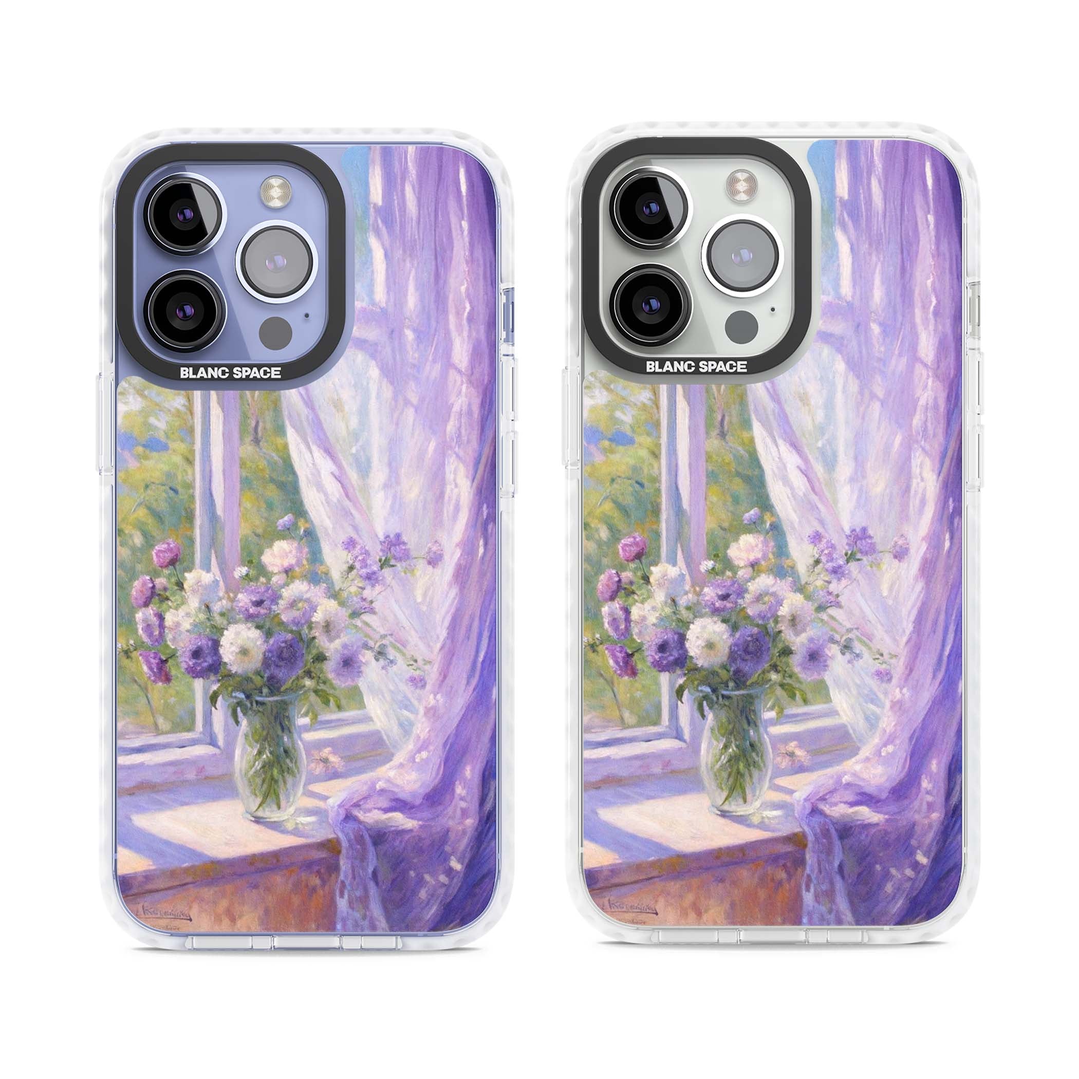 A Provence Morning impressionist art iPhone case featuring a vase of purple flowers, sunlit window and sheer curt | Clear Impact case for iPhone 13 Pro, iPhone 14 Pro, iPhone 15 Pro