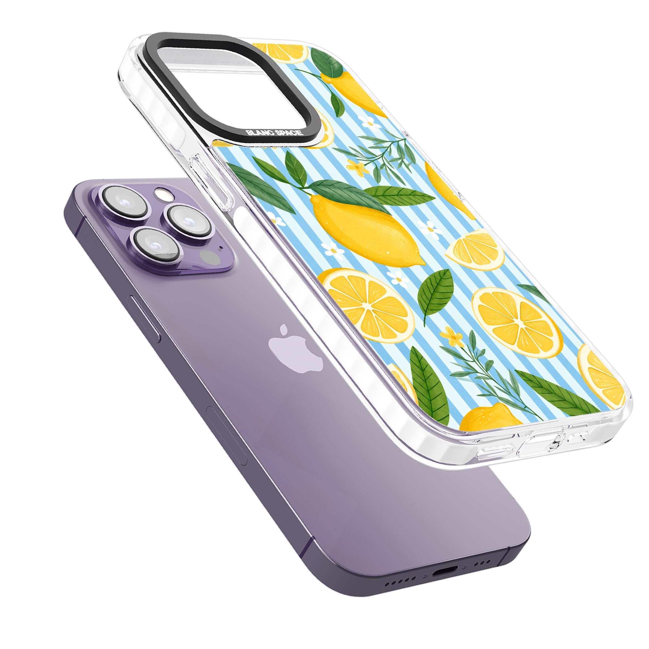 Capri Citrus Stripe coastal iPhone case featuring yellow lemons, blue stripes, and white daisy blossoms | Clear Impact case for iPhone 13 Pro, iPhone 14 Pro, iPhone 15 Pro