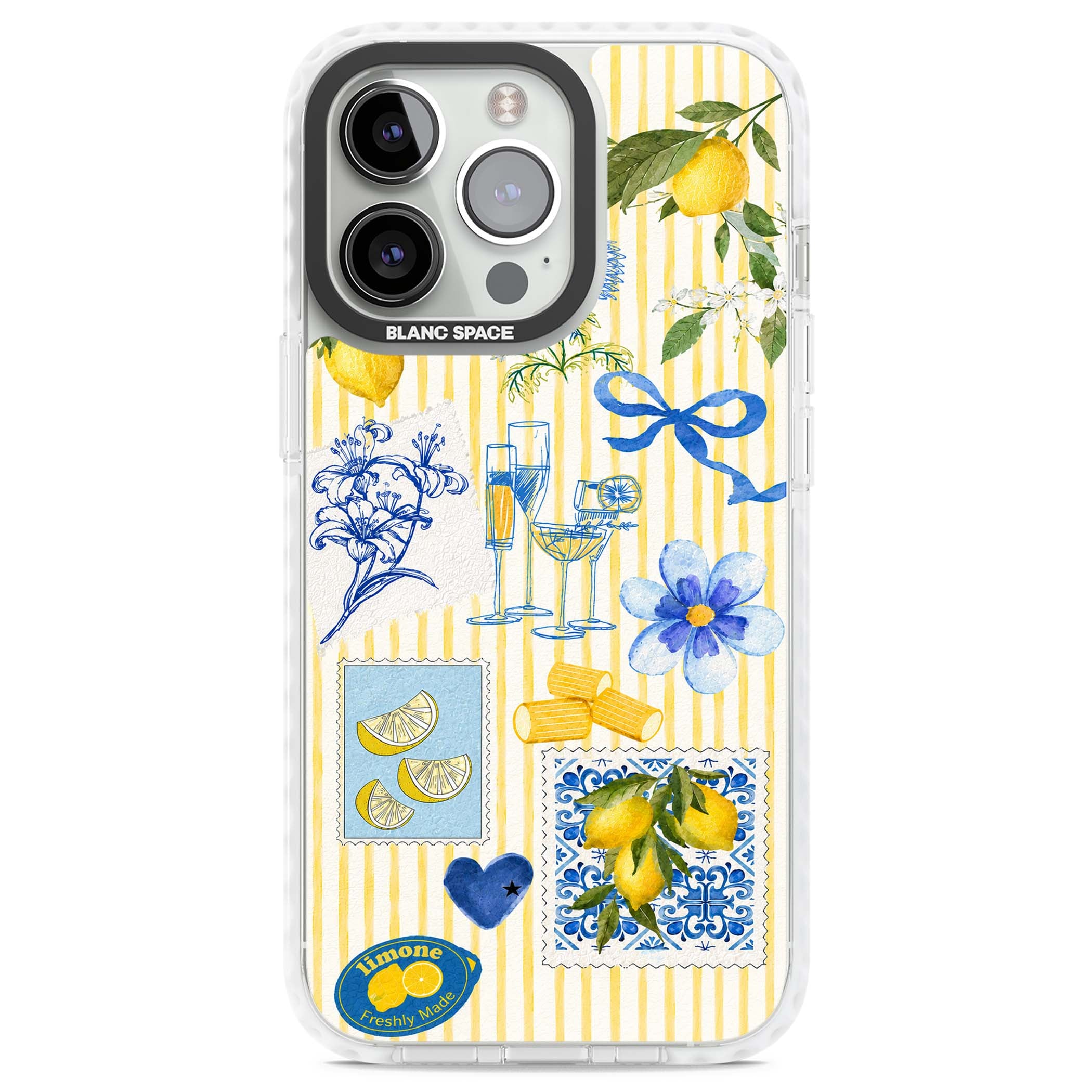 Limone Riviera Italian summer iPhone case featuring watercolour lemons, blue ribbon bows and majolica tile stamps on... | Clear Impact case for iPhone 13 Pro, iPhone 14 Pro, iPhone 15 Pro