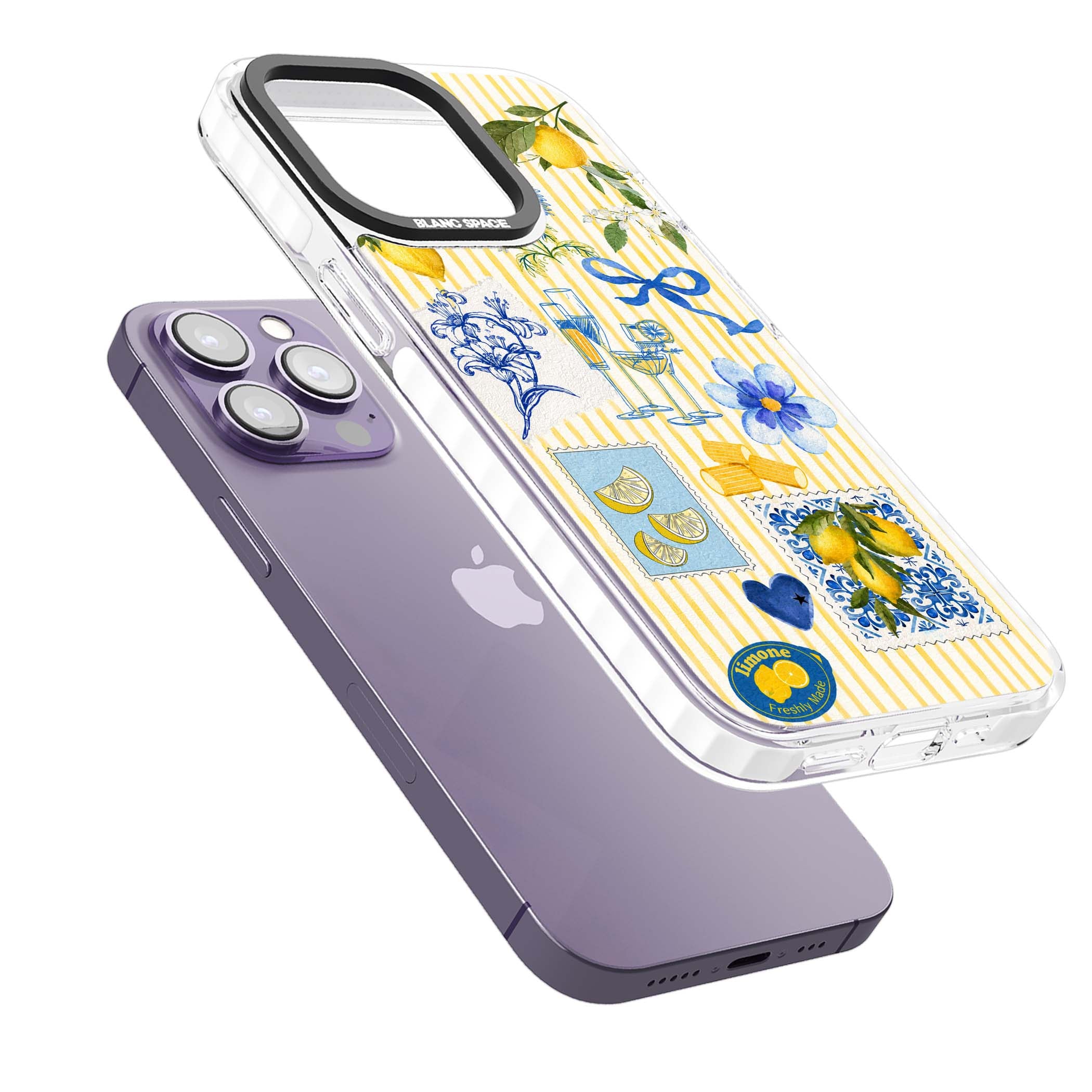 Limone Riviera Italian summer iPhone case featuring watercolour lemons, blue ribbon bows and majolica tile stamps on... | Clear Impact case for iPhone 13 Pro, iPhone 14 Pro, iPhone 15 Pro