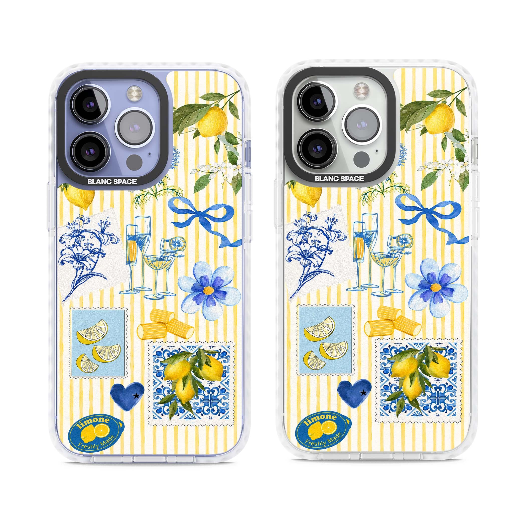 Limone Riviera Italian summer iPhone case featuring watercolour lemons, blue ribbon bows and majolica tile stamps on... | Clear Impact case for iPhone 13 Pro, iPhone 14 Pro, iPhone 15 Pro