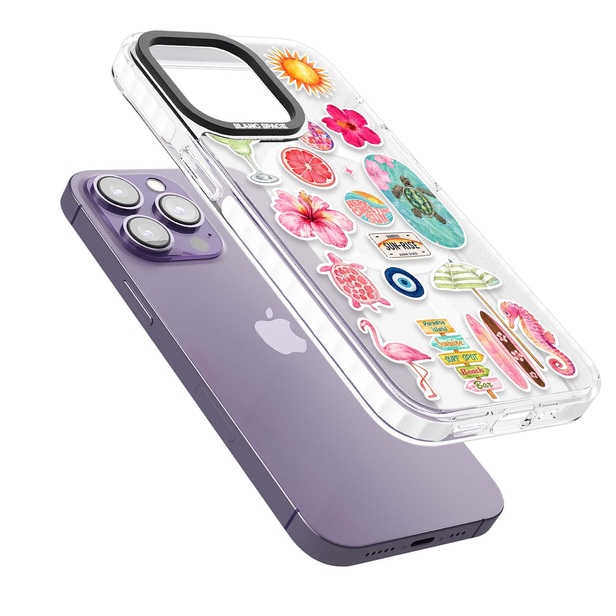 Aloha Sticker Mix tropical summer iPhone case featuring pink hibiscus, sea turtles, flamingo and beach umbrella stickers | Impact Magsafe case for iPhone 13 Pro, iPhone 14 Pro, iPhone 15 Pro
