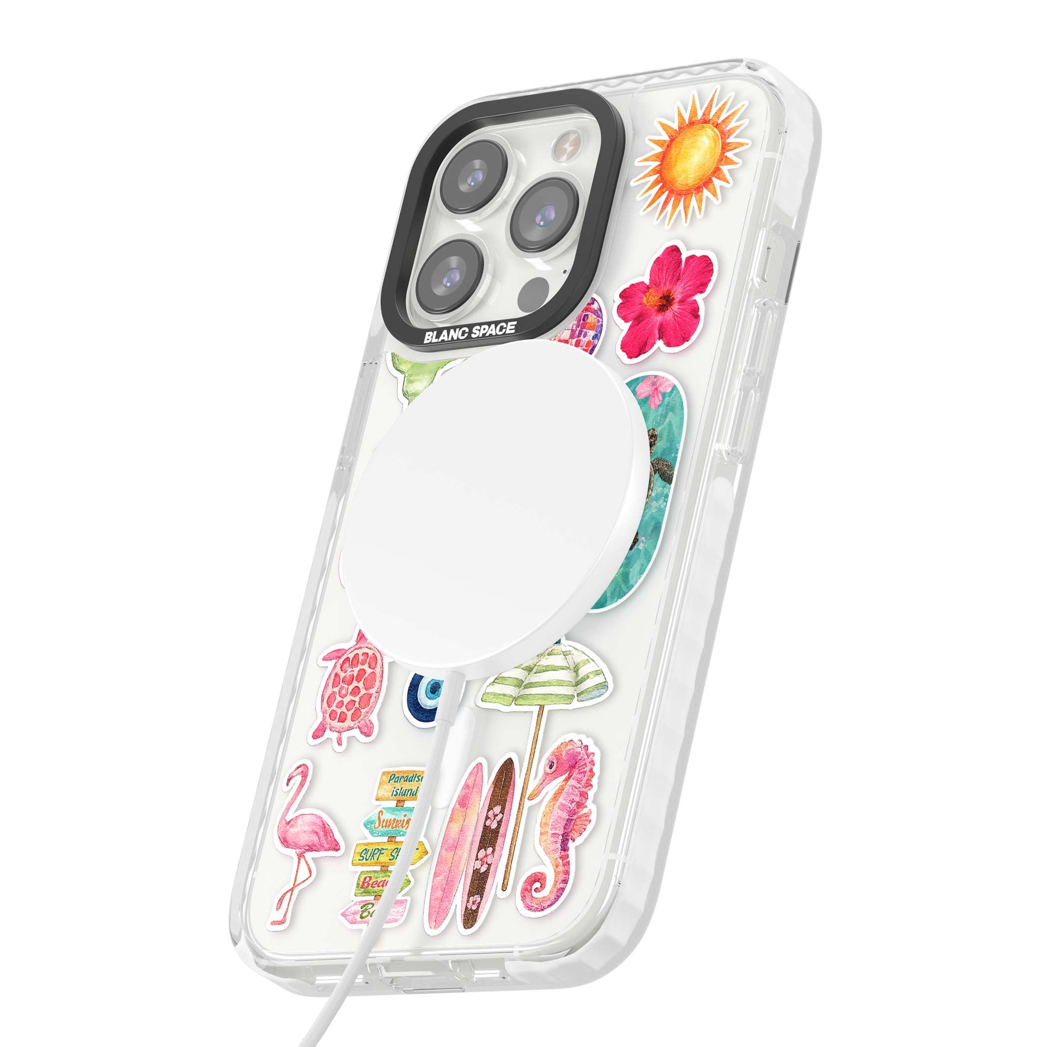 Aloha Sticker Mix tropical summer iPhone case featuring pink hibiscus, sea turtles, flamingo and beach umbrella stickers | Impact Magsafe case for iPhone 13 Pro, iPhone 14 Pro, iPhone 15 Pro