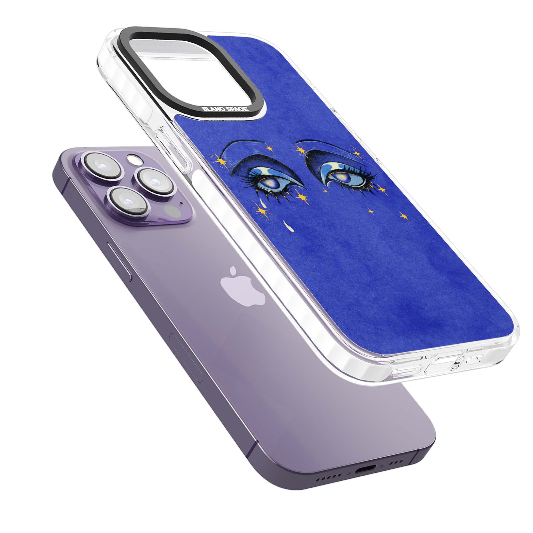 Blue Mystic Eyes celestial iPhone case featuring hand drawn blue mystical eyes, golden stars and a painted tear on indigo | Impact Magsafe case for iPhone 13 Pro, iPhone 14 Pro, iPhone 15 Pro